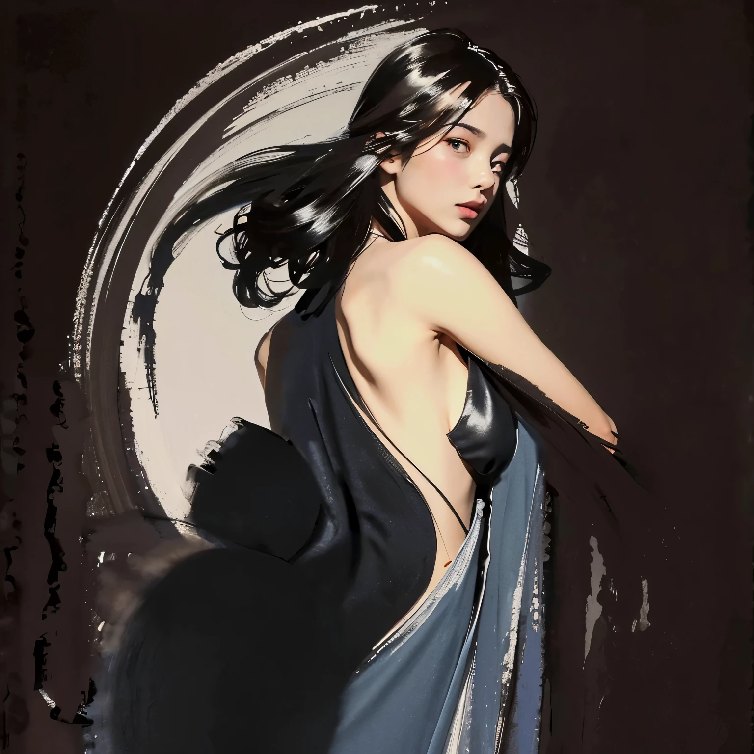 rainha escura astral de outro mundo, scifi, Greg Tocchini, linhas ousadas, hiper detalhadas, (detalhes intrincados, obra-prima, melhor qualidade: 1,2), matiz preto e marfim, olhando para o espectador, dynamic pose, vista traseira, corpo inteiro, no estilo de Nicola samori