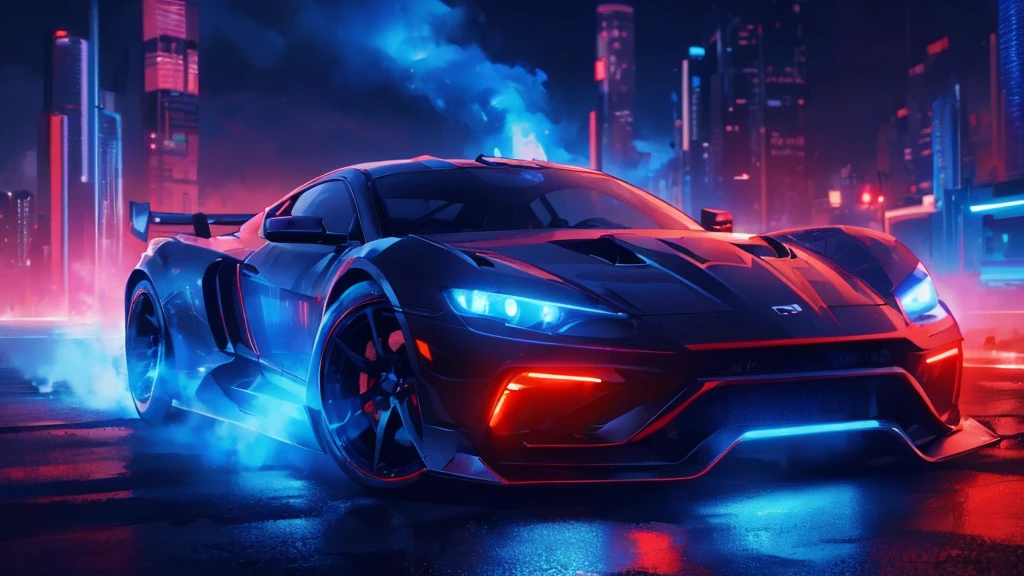 (black sports car, blue headlights, car racing, blue smoke), (blue and red cyberpunk city, blue and red neon, starry sky), (8k, extremaly detailed, lighting like a movie, lense flares)
