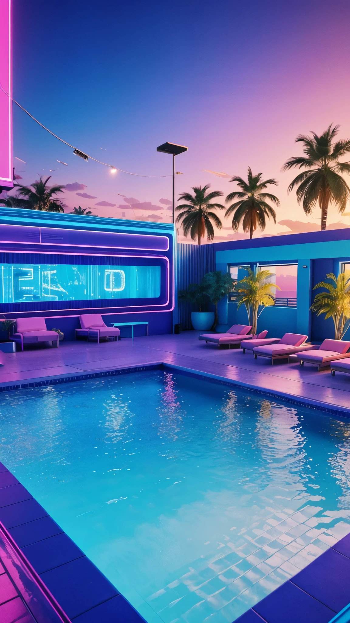 Create an 8K 3D render, photorealistic, highly detailed and realistic of an Iridescent Ice Blue and Gold themed swimming pool, in a liminal space and a view of the city, vaporwave aesthetics, synthwave aesthetic, vaporwave sunset, vaporwave mansion, purple aethetic, beautiful aesthetic, vaporwave aesthetic, lush paradise, 1 9 8 0 s aesthetic, 1980s aesthetic, lofi aesthetic, aesthetic!!!!!!!!, beautiful aesthetic design. 16K Render. Synthwave aesthetic. Studio lighting, add neon signs. Iridescence. Make it look very Liminal and photorealistic. 