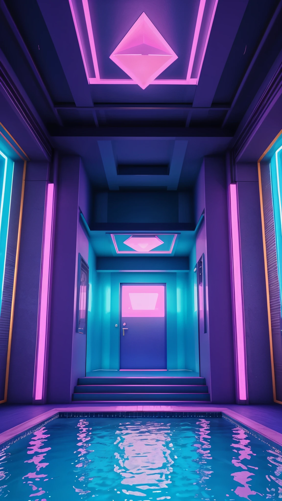 Create an 8K 3D render, photorealistic, highly detailed and realistic of an Iridescent Ice Blue and Gold themed swimming pool, in a liminal space and a view of the city, vaporwave aesthetics, synthwave aesthetic, vaporwave sunset, vaporwave mansion, purple aethetic, beautiful aesthetic, vaporwave aesthetic, lush paradise, 1 9 8 0 s aesthetic, 1980s aesthetic, lofi aesthetic, aesthetic!!!!!!!!, beautiful aesthetic design. 16K Render. Synthwave aesthetic. Studio lighting, add neon signs. Iridescence. Make it look very Liminal and photorealistic. 