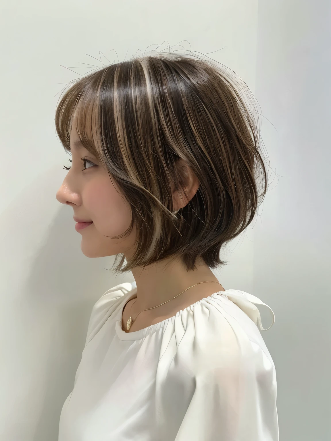 (White wall on background、hair with highlights:1.4)、30 generation women、put mesh in hair、blonde and brown hair color、((long sleeve blouse))、Taken in front of the white door、(white wall room with window)、(8K、Live shooting、highest quality、masterpiece:1.2)、High-definition RAW color photo、professional photos、(real、フォトreal:1.37)、Shot in natural light、1 girl、A sloppy smile、(various poses)、necklace、(Beautiful profile:1.3)、Don't look at the camera、profile、medium hair、bob hair、shoulder-length hair、Eye color is dark brown、(Beautiful profile:1.3)、correct hand of human body、pastel clothing、correct state of the human body、natural color lip、Shot in well-lit areas