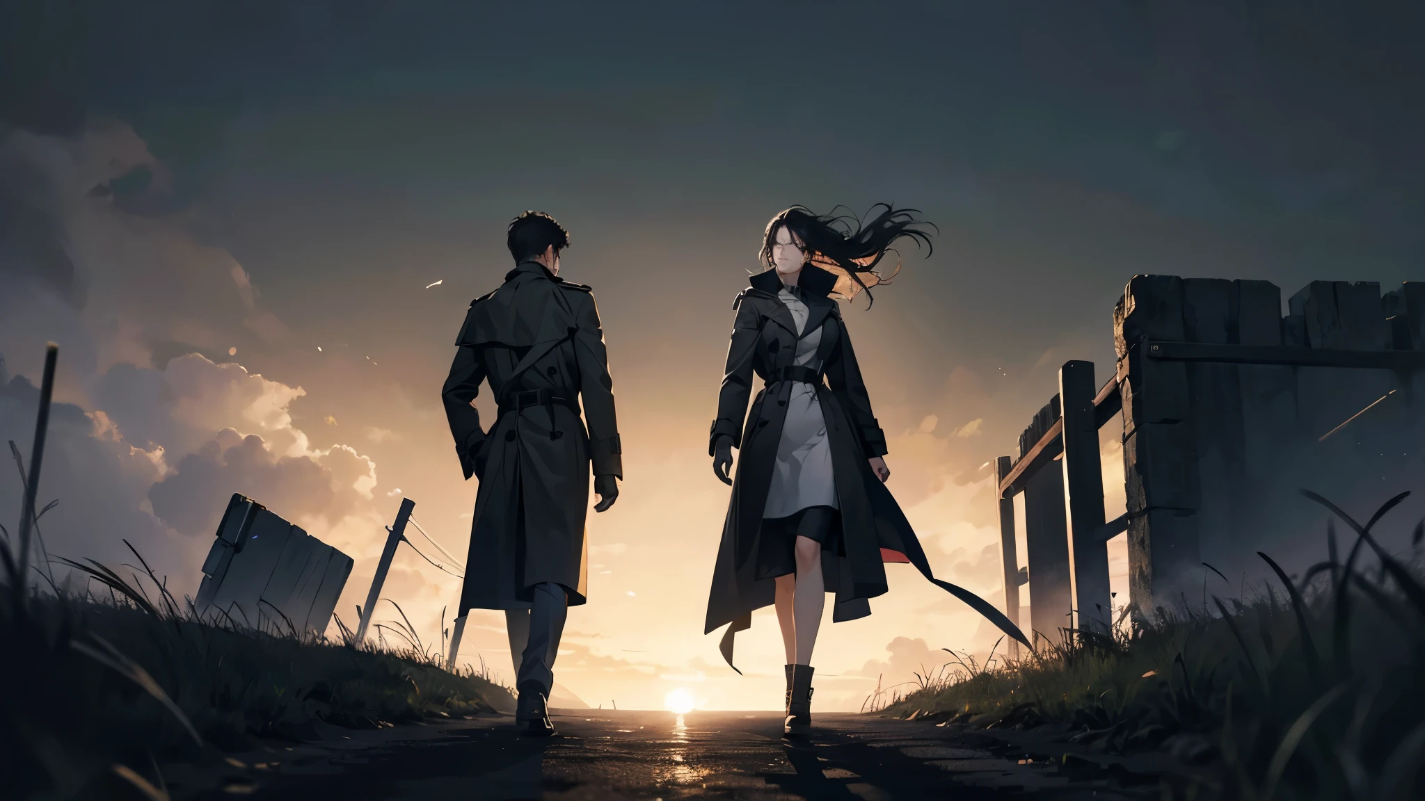 A male and a female in a trench coat face away from the picture,Walk through germany,Under a black sky,In the dark, black hair