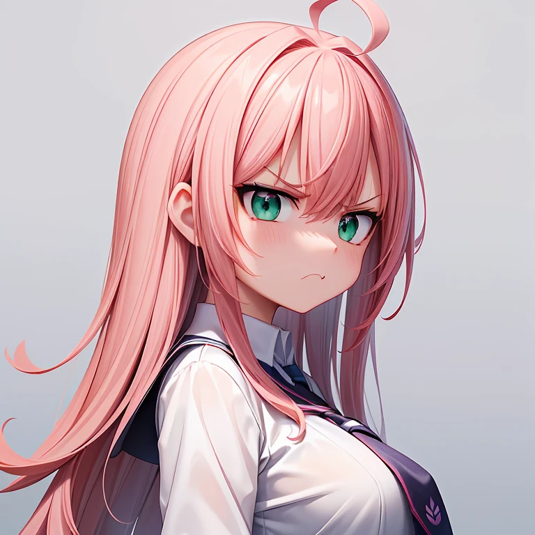 (masterpiece,best quality,detailed,8k,High resolution,hires:1.3),realistic,(centered around the face:1.4),(distance view:1.4),(head to chest),(gray background),light,1girl,(solo),Japanese girl,16yo,colossal breasts,ultra cute girl,bloom,glowing,detailed face and eyes,very pretty face,(green eyes),big eyes,tareme,(ahoge),bangs,pink hair,long hair,curly hair,(white shirt,navy blue tie),random facial expressions,random pose,from back,(Get angry:1.4),