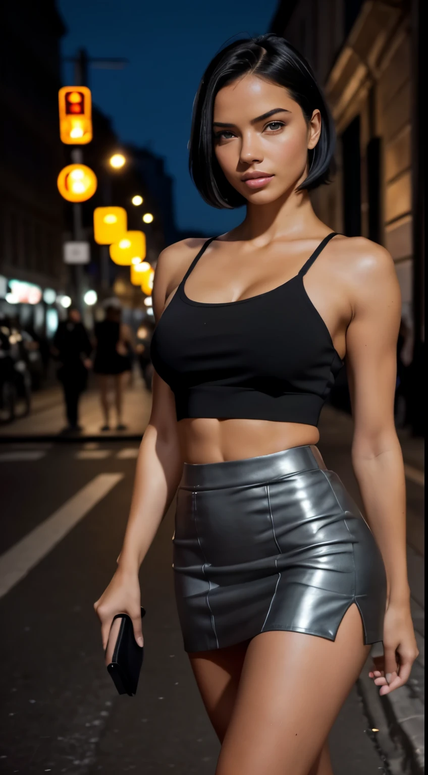 Foto hiperrealista en primer plano de Adriana Lima,, masterpiece, best quality, (photorealistic:1.4), full body, (Black crop top on straps1.2), (grey mini pencil skirt) heels, walking during the night on the street of Marseille, France. neons, cinematic light, beautiful woman, skinny, medium breasts, short black bob cot hair (bob short hair:1.2), detailed face, smile, facing the camera, photo taken from a distance, age of 18 years old