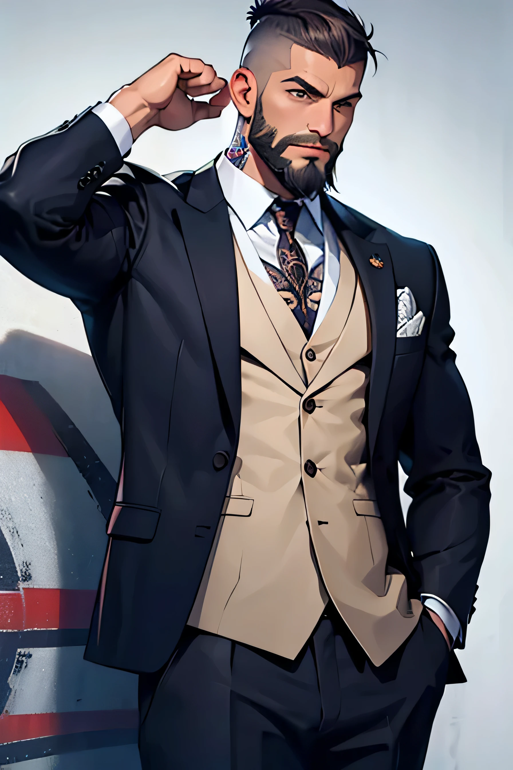 Masculino 37 anos, cabelo cortado lateralmente, barba por fazer, muita tatuagem,usando um terno, lutador
