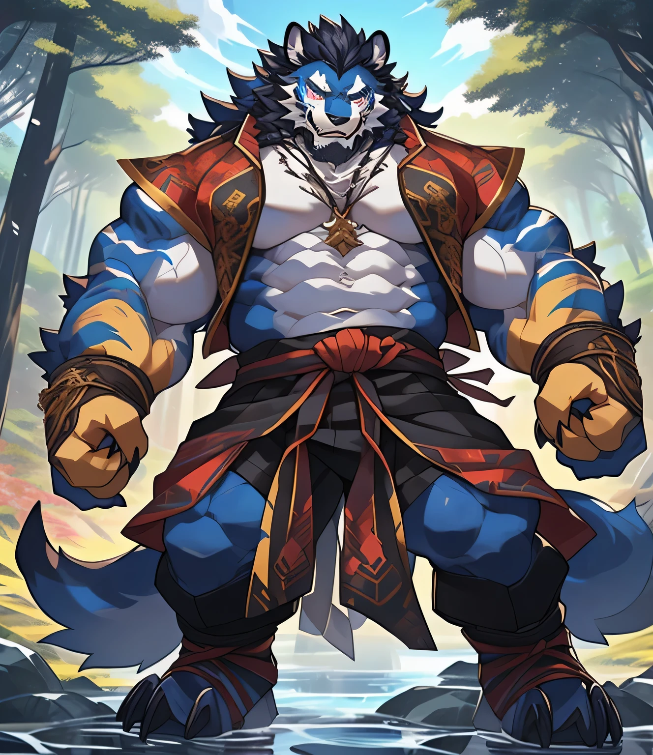 hairy的只穿裤子, hairy的艺术, Muscle Tiger Man, high resolution committee, body committee, exquisite eyes, Eye color is orange gold, hairy的颜色 黑色, hairy的动漫, Fursona hairy的艺术 committee, hairy的弗索纳, 华丽的werewolf福索纳, hairy, Cross your waist with one hand, hairy的艺术, intense expression, proudly, 1 boy, 一条hairy的长狼尾巴, Staring at the screen, sharp claws, two legs, Stand on two feet, werewolf, As a character in Tekken, Folsom Arts, background, forest path