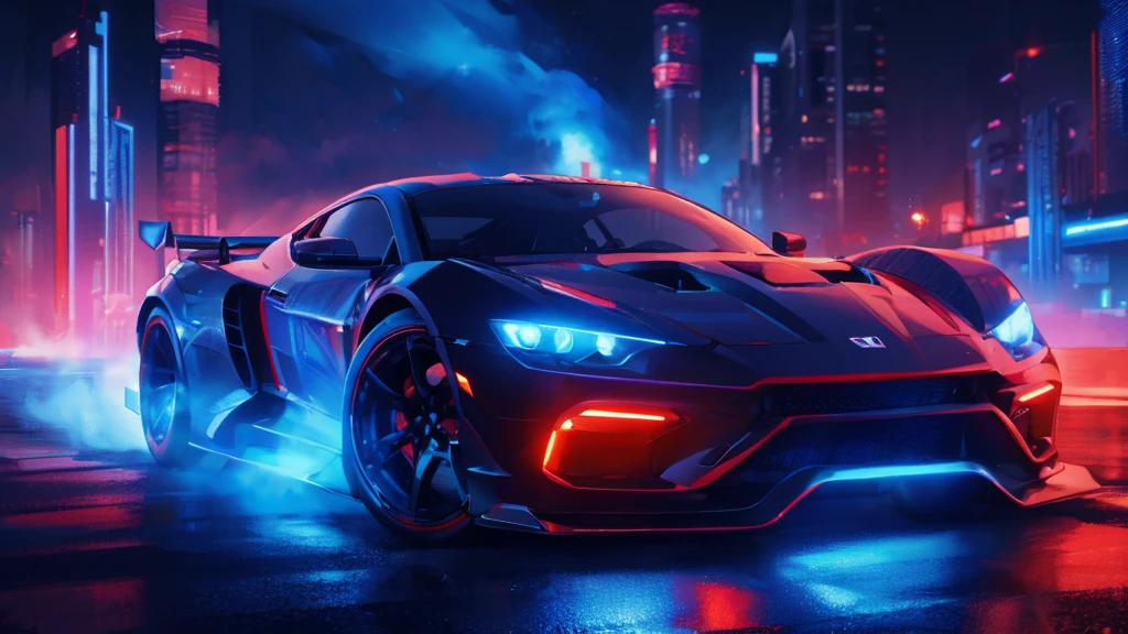 (black sports car, blue headlights, car racing, blue smoke), (blue and red cyberpunk city, blue and red neon, starry sky), (8k, extremaly detailed, lighting like a movie, lense flares)