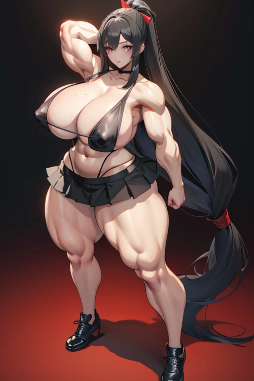 Best quality,8K,ultra high res:1.5),(Pretty very very long ponytail hair tied with red ribbon girl),(Huge very slender breasts:1.20),(very voluptuous body),(very voluptuous thigh),(body builder girl:1.5),(wide muscle:1.8),(light smile),(eyes to camera),(light black hair),(red bra),(red short skirt),(small nipples),(sexy abdominal muscles),(standing),(black shoes),(blue eye ball),(naked)