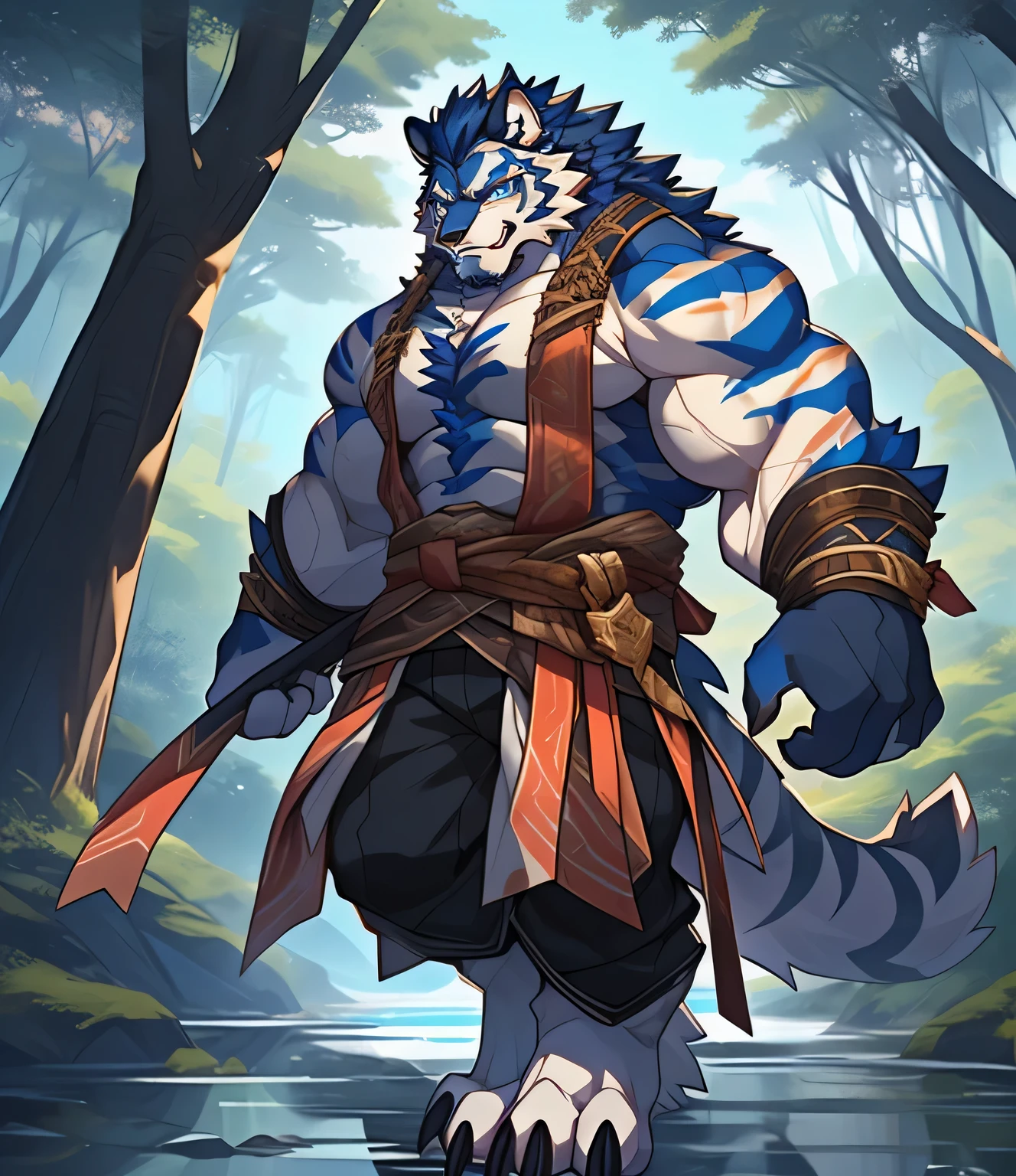 hairy的只穿裤子, hairy的艺术, Muscle Tiger Man, high resolution committee, body committee, exquisite eyes, Eye color is orange gold, hairy的颜色 黑色, hairy的动漫, Fursona hairy的艺术 committee, hairy的弗索纳, 华丽的werewolf福索纳, hairy, Cross your waist with one hand, hairy的艺术, intense expression, proudly, 1 boy, 一条hairy的长狼尾巴, Staring at the screen, sharp claws, two legs, Stand on two feet, werewolf, As a character in Tekken, Folsom Arts, background, forest path