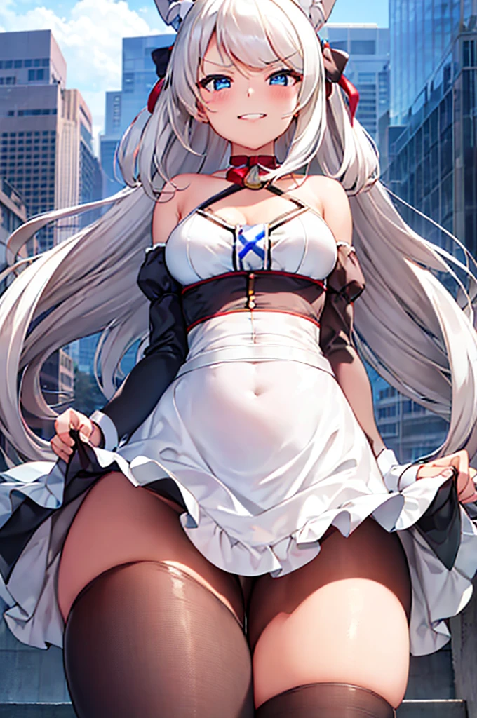 Hammann, 1girl, solo, long hair, looking at viewer, smile, breasts, city background, bare shoulders, teeth, closed mouth, portrait, skin tight outfit, maid outfit, short skirt, leggings seductive, realistic, best quality, masterpiece, ultra detail, ultra high res, extreme detail, 8k, uhd, detailed