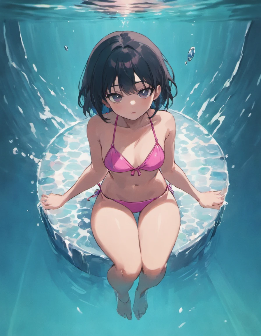 Scared black haired woman in a pink bikini sitting on a seat above round clear tank of water