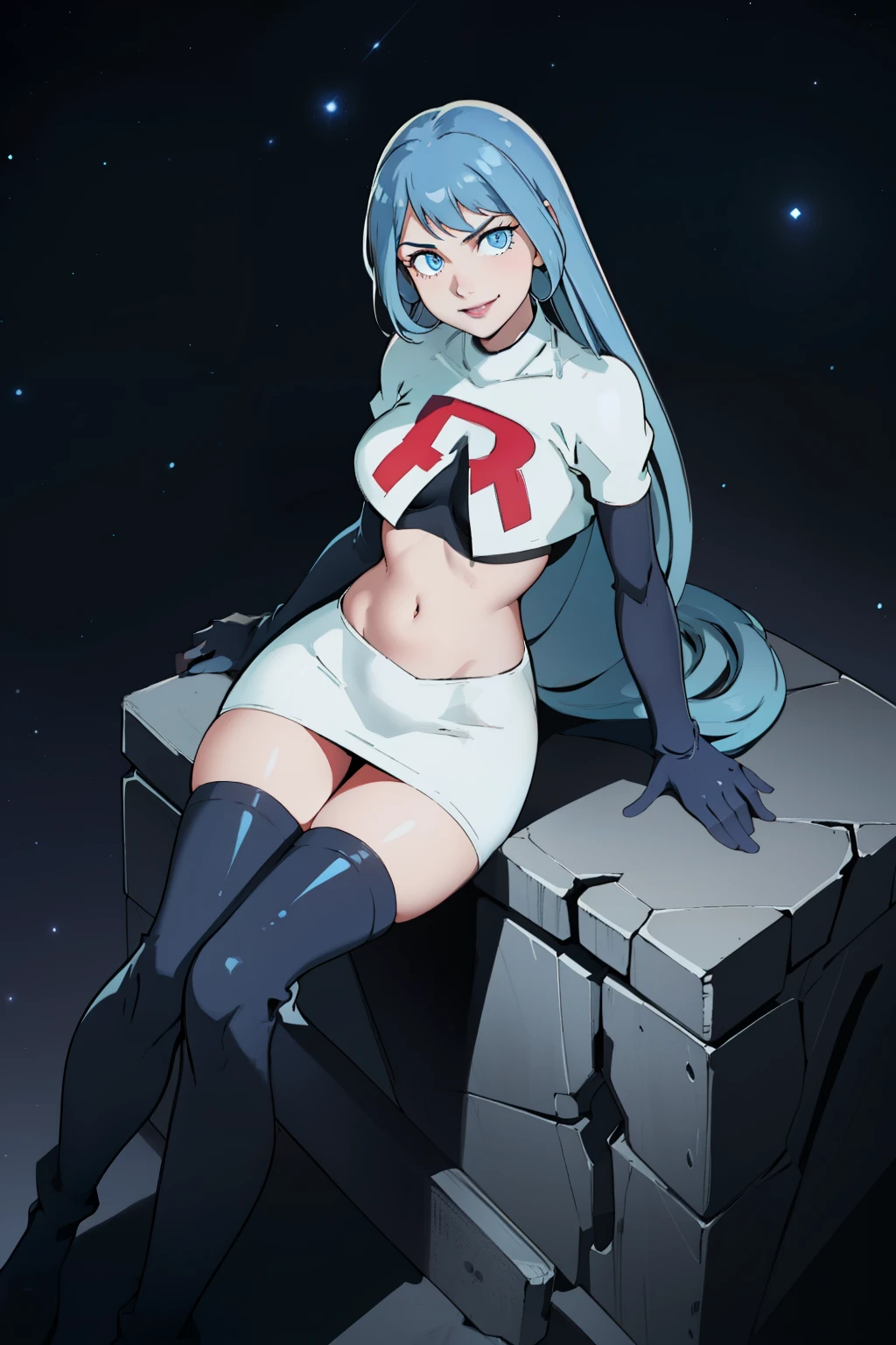 nejire hado, 1girl, solo, long hair, breasts, bangs, blue eyes, medium breasts, very long hair, blue hair,glossy lips ,team rocket uniform, red letter R, white skirt,white crop top,black thigh-high boots, black elbow gloves, evil smile, sitting down ,legs crossed, night sky background