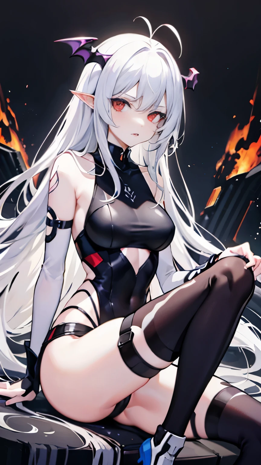 pale skin,dark风,long white hair,black eye shadow,red eyes,Abstinence,dark,antenna,succubus,Open the legs,angry,Battle damage,Broken clothes,Transparent underwear,camel toe,sitting,hot pants,Mecha,front view