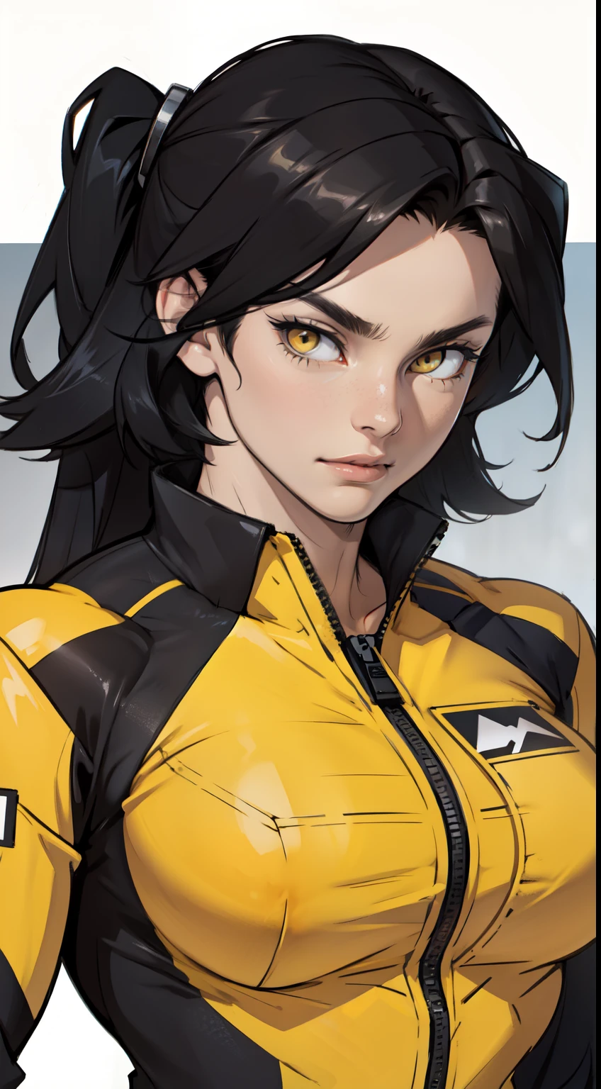 fighter jet pilot black hair yellow eyes pale skin girl muscular large breasts 