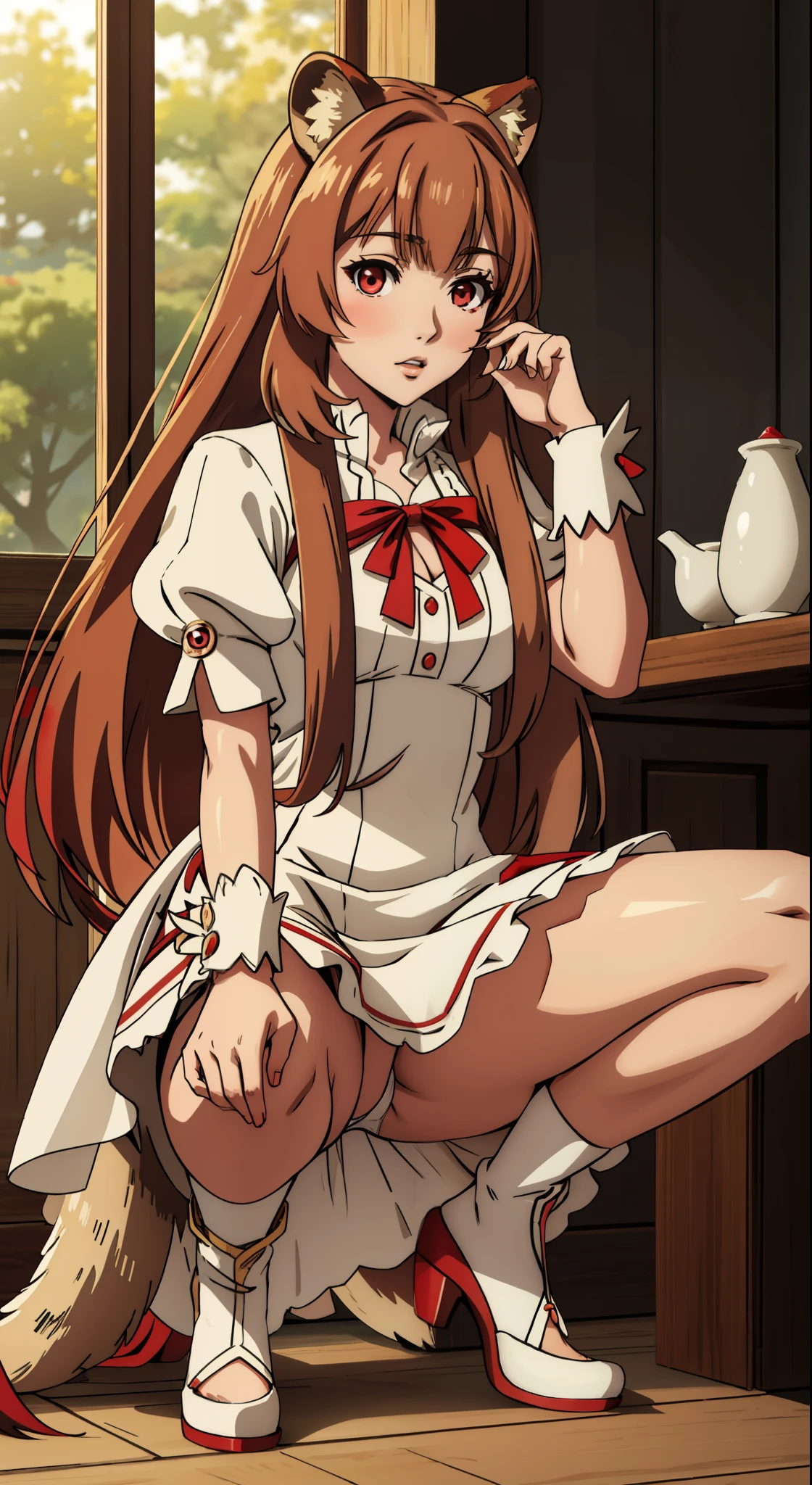 (masterpiece, highest quality),  intricate details,
1 girl,  Raphtalia, white dress、sexy,squatting down、Spread your legs and show off your panties、White Miniskirt Dress、spread legs,show white panties,animal ears, brown hair, long hair, raccoon ears, a racoon girl, raccoon tail, (red eyes:1.5), tail, 
 Hestia Cosplay, rei no himo,