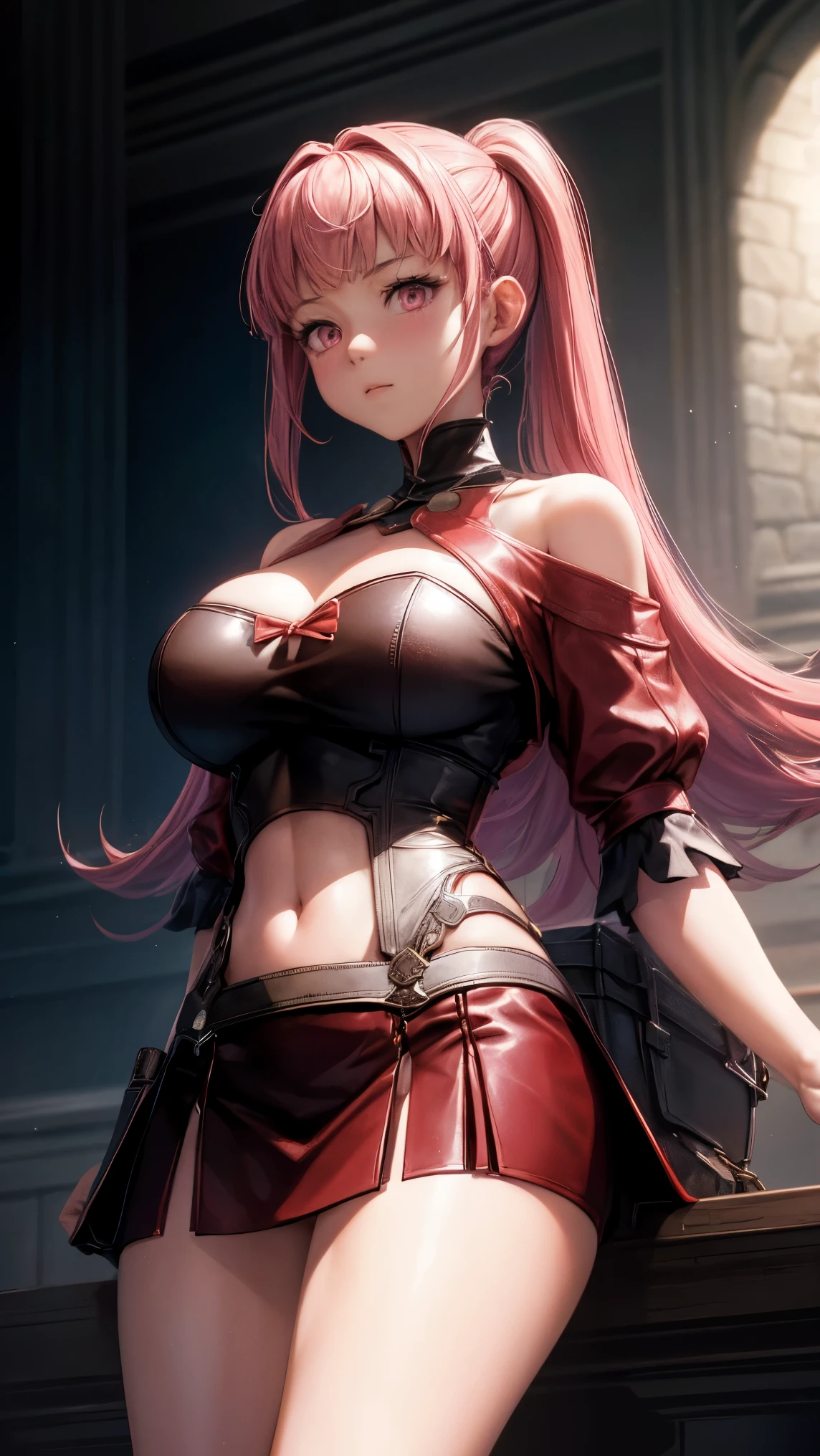((best quality)), ((masterpiece)), (detail:1.4), 3D,human development report(high dynamic range),Ray tracing,NVIDIA RTX,super resolution,Unreal 5,subsurface scattering、PBR texture、post processing、Anisotropic filtering、depth of field、Maximum clarity and sharpness、multi-layer texture、Albedo and specular maps、surface coloring、Accurately simulate the interaction of light with materials、Perfect proportion、octane rendering、Dichroic light、Large aperture、Low ISO、white balance、rule of thirds、8K original、from below,Raised sexy、obsessed、High、Beautiful waist、large breasts 、radiant skin、White skin、flat belly,very long hair,pink hair,stand,looking viewer,spread legs,red leather deep V dress,Off the shoulders,clavicle,cleavage,Leather miniskirt,skirt lift,From below,panty peek,Tsundere,palace