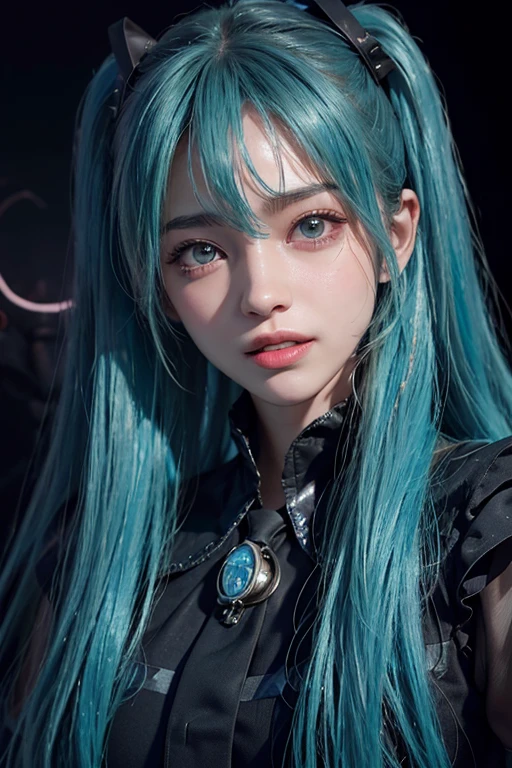 (Hatsune Miku Characters), Tosca hair color, Pony and long twin tail hair, look at the scenery, Eye of the view, smile (big smile), (open your mouth), whole body, 21 year old girl, perfect body, perfect anatomy, Tosca's eye color, double eyelid, huge breasts, Highly detailed skin texture,(realistic skin), super detailed face, detailed lips, fine eyes, double eyelid, Knuckles, wet skin, wet hair, (front focus), (in the dark:1.6), Hyperrealist portrait of a woman by David Hockney and Alphonse Mucha, fantasy art, photo-realistic, dynamic lighting, art station, poster, volume lighting, highly detailed face, 4k, Awards, in the dark, deep shadow, discreet key, cowboy shot, (official attire:1.4)、(Kana Hashimoto)