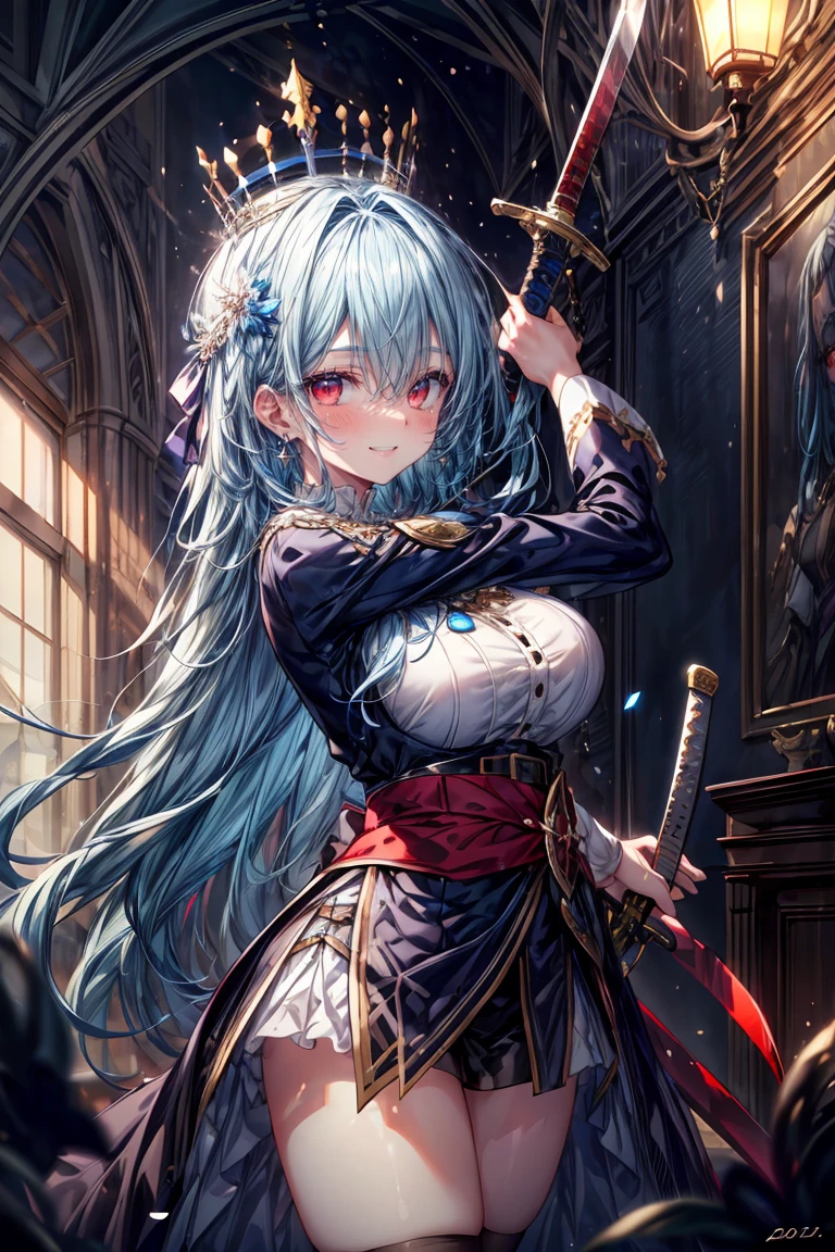 ((8K masterpiece,highest quality)), ultra high resolution, hyper detail, (1 girl), beautiful face, beautiful and delicate eyes,((red eyes)),Big eyes,shining eyes of light,Thin and long eyelashes,detailed light,((blue hair)),((long hair)),((straight hair)),big breasts,(very large thighs),thin waist,blush,(grinning smile),troubled face,(please open your mouth wide),(royal swordsman),(((Hold Sword))),silver holy armor,sacred belt around the waist,sapphire crown,gold necklace,sapphire earrings,silver hair ornament,white knee socks,scattered treasures,ambition,(royal family of darkness),(Inside the castle),action pose,motion blur,Depth of written boundary,spectacular panoramic view,Angle from the side