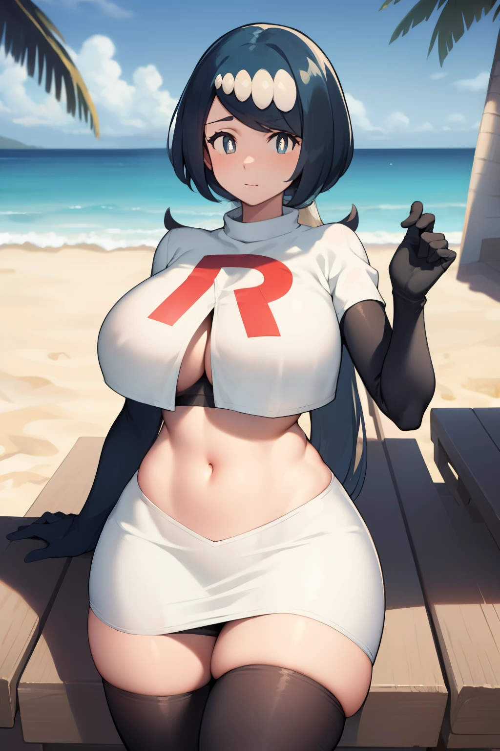 masterpiece, best quality, lanamother, white pupils, long hair, hair ornament, team rocket,team rocket uniform, red letter R, white skirt,white crop top,black thigh-highs,black elbow gloves, large breasts, mature female, wide hips,  looking at viewer, beach, palm trees, boardwalk,