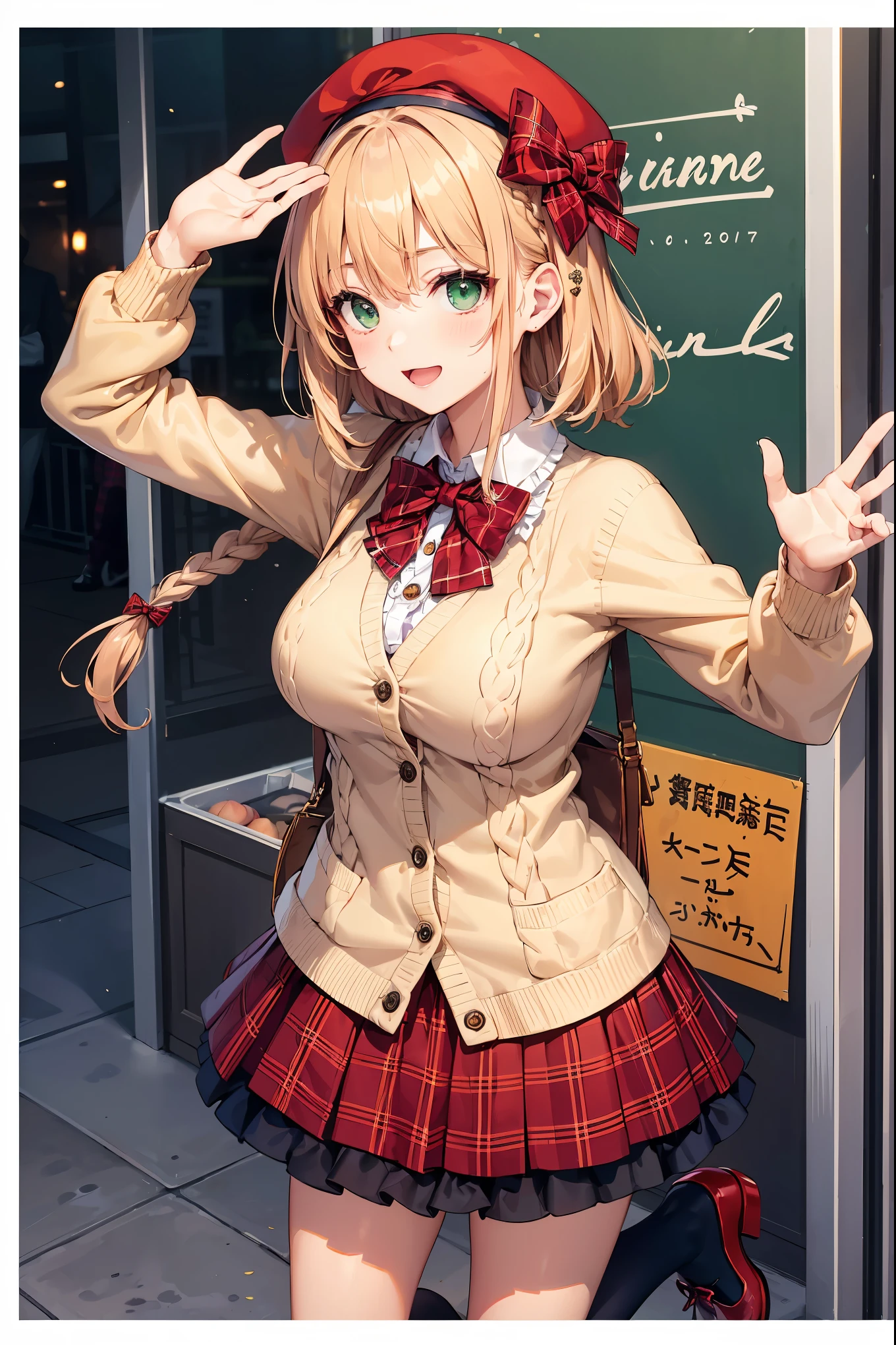 super insane detail、disorganized、ultra high resolution、super detail、highest quality、 1 girl、solo、nice hands、perfect hand-made (Vintage style beret with flower pin:1.3)、(navy&Red Plaid Dress:1.5)、(Gold buttons on the front:1.2)、(frills、red bow tie、Ivory blouse:1.4)、(peach cardigan、cable knit patterns:1.3)、(black tights denier２０:1.1)、(red mary jane shoes:1.2) best smile、open your mouth、wave your mouth、 Awesome pose、cowboy shot、slender、Look straight ahead with shining eyes、cute、symmetrical face、超cute女の子、超cute顔、Ultra-fine eyes、super cute hair、超cute、Super beautiful、 stylish clothing design、Super famous theme park、Central Street、crowd、attraction、 big breasts、soft swaying breasts、ＢＲＥＡＫ　(medium hair、Braid、silky smooth hair、dark green eyes)、hair between eyes