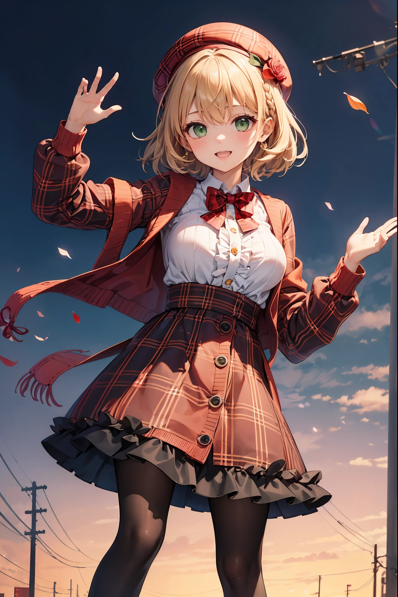 super insane detail、disorganized、ultra high resolution、super detail、highest quality、 1 girl、solo、nice hands、perfect hand-made (Vintage style beret with flower pin:1.3)、(navy&Red Plaid Dress:1.5)、(Gold buttons on the front:1.2)、(frills、red bow tie、Ivory blouse:1.4)、(peach cardigan、cable knit patterns:1.3)、(black tights denier２０:1.1)、(red mary jane shoes:1.2) best smile、open your mouth、wave your mouth、 Awesome pose、cowboy shot、slender、Look straight ahead with shining eyes、cute、symmetrical face、超cute女の子、超cute顔、Ultra-fine eyes、super cute hair、超cute、Super beautiful、 stylish clothing design、Super famous theme park、Central Street、crowd、attraction、 big breasts、soft swaying breasts、ＢＲＥＡＫ　(medium hair、Braid、silky smooth hair、dark green eyes)、hair between eyes