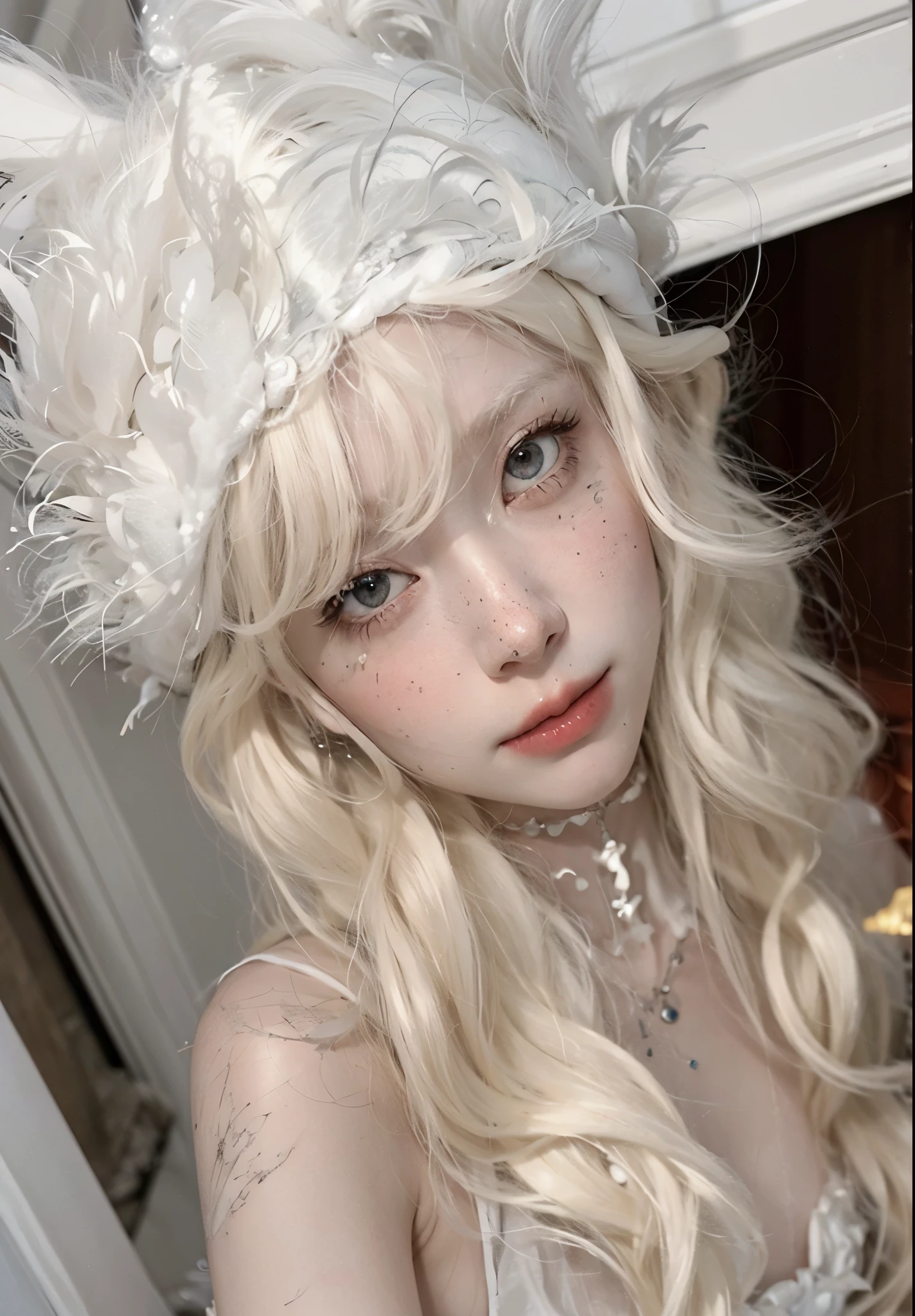 blonde girl with white feather hat and white dress, pale pele branca de porcelana, albino white skin pale, pele branca de porcelana, pale young ghost, porcelain pale skin, pale gothic beauty, parece uma mistura de sujeira, pale milky white porcelain skin, pale white face, parece uma mistura de sujeira, pale, snow-white skin, extremely pale white skin