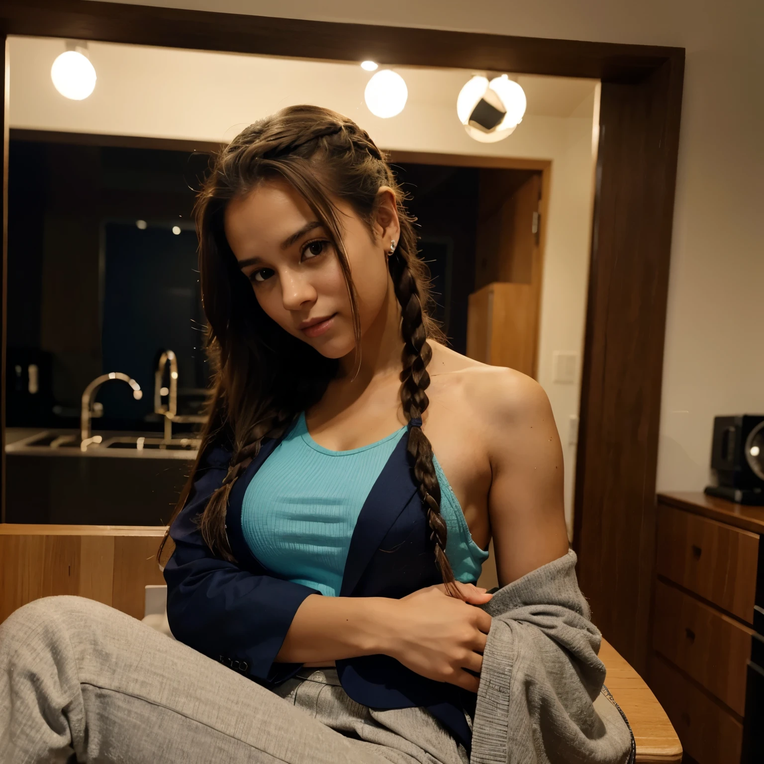 masterpiece, best quality, ultra-detailed, dark brunette hair, ponytails, brown eyes, complex christmas livingroom background, backlit, epic realistic, hyperdetailed, insane details, intricate details, accent lighting, soft volumetric light, bokeh, (dramatic light:1.2), cross process, (sweatpants), middle boobs, (flirting with camera: 0.7), thong panties, dynamic posture, (1 girl, solo: 1.5), unzipped hoodie, sitting on the floor
