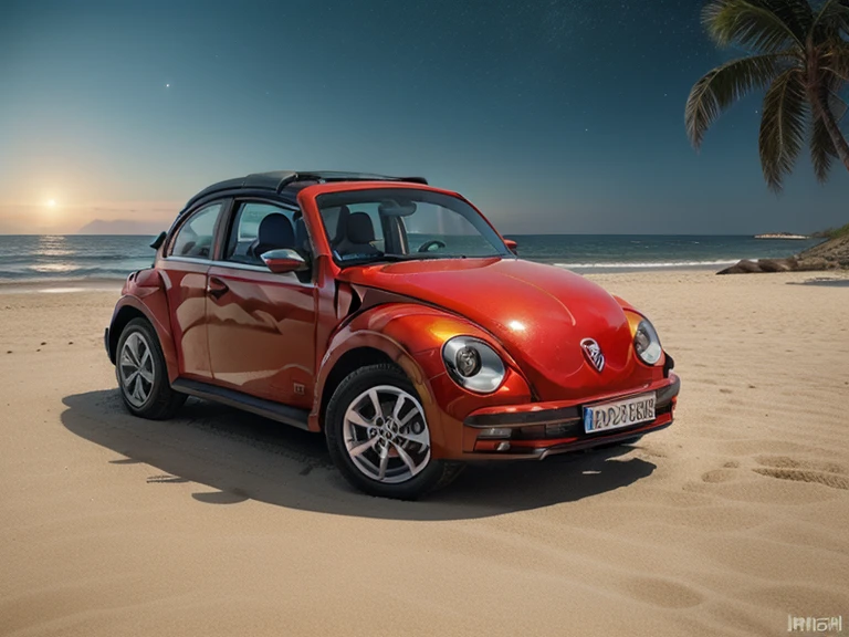 graphic design, flat design, (red convertible vw beetle), Watercolor splashes, , realistic car, isometric, soft color vector、Volkswagen red vintage beetle, (seaside, Palm tree、boat at anchor、Sea of night、starry skies、beach house、dark Knight)、You can see a big green suitcase on it..、car trip、Ichiban star、