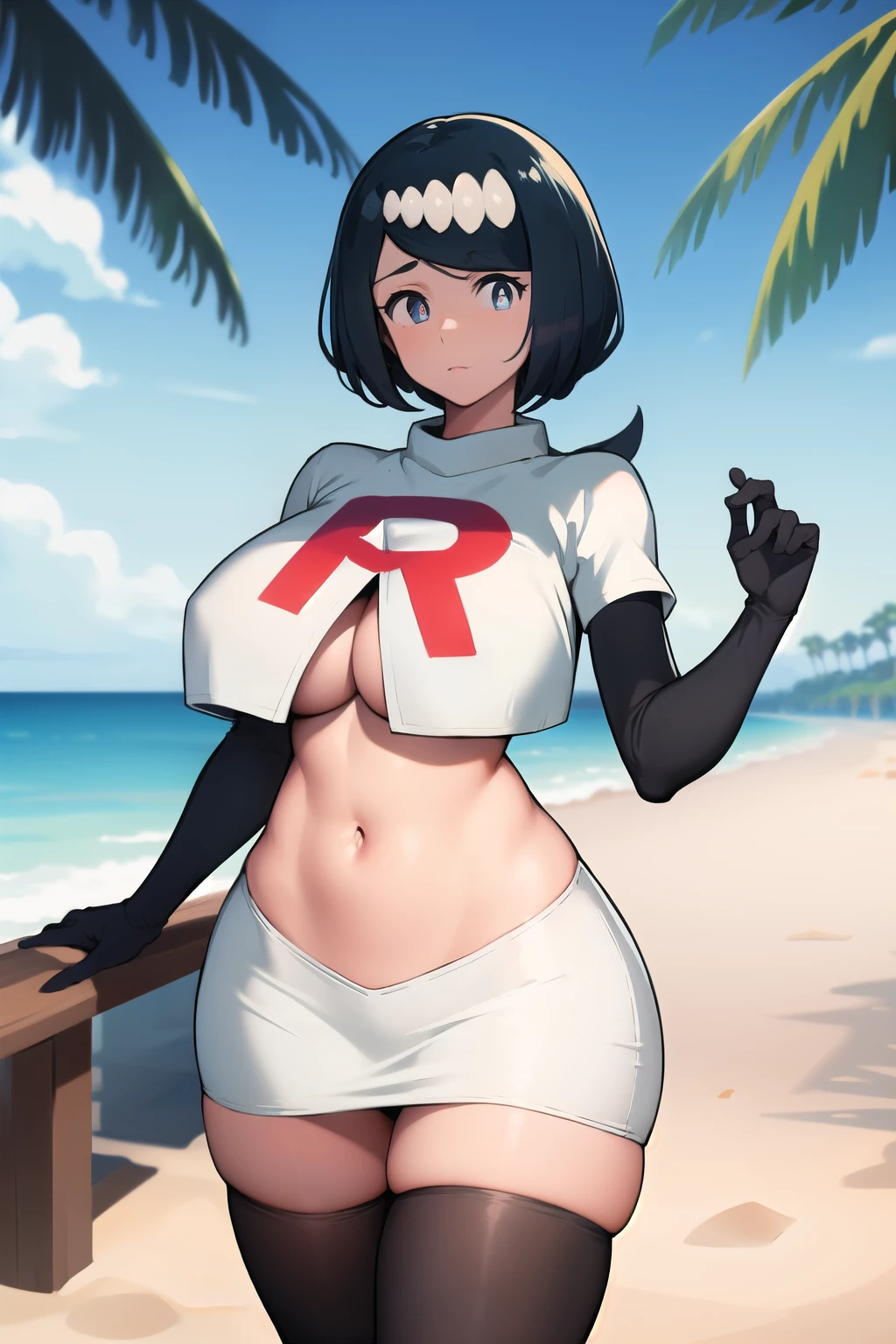 masterpiece, best quality, lanamother, white pupils, long hair, hair ornament, team rocket,team rocket uniform, red letter R, white skirt,white crop top,black thigh-highs,black elbow gloves, large breasts, mature female, wide hips, looking at viewer, beach, palm trees, boardwalk,