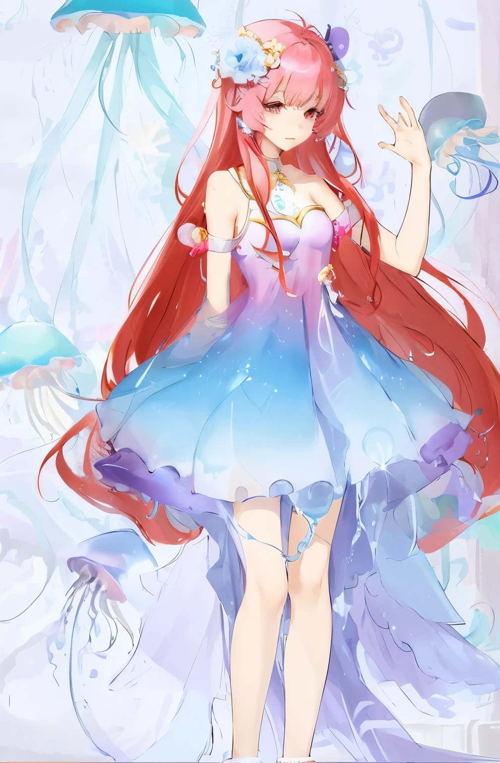 wearing blue dress、Anime girl with jelly and crown, Jellyfish Miko, jellyfish priestess, Cute anime waifu wearing beautiful clothes, anime princess, Beautiful anime art style, my dress up darling anime, jellyfish pheonix, Beautiful anime style, Jellyfish Miko 8k, magic dress, Beautiful anime art, Beautiful fantasy anime, jellyfish pheonix