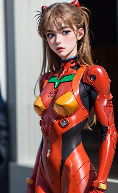 (masterpiece: 1.4, highest quality), (intricate details), unity 8k wallpaper, Super detailed, Beautiful and mysterious, detailed background, realistic, alone, Perfect detail face, detailed blue eyes, very detailed, blush, hair ornaments, chignon mahogany hair, (blonde hair), Plug suit 02,Shikinami Asuka Langley, Evangelion, slender 15 year old girl, full body suit, black background, above the waist,