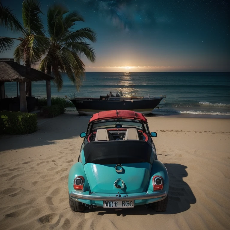 graphic design, flat design, (red convertible vw beetle), Watercolor splashes, , realistic car, isometric, soft color vector、volkswagen vintage beetle, (seaside, Palm tree、boat at anchor、Sea of night、starry skies、beach house、dark Knight)、You can see a big green suitcase on it..、car trip、Ichiban star、Highlight the car