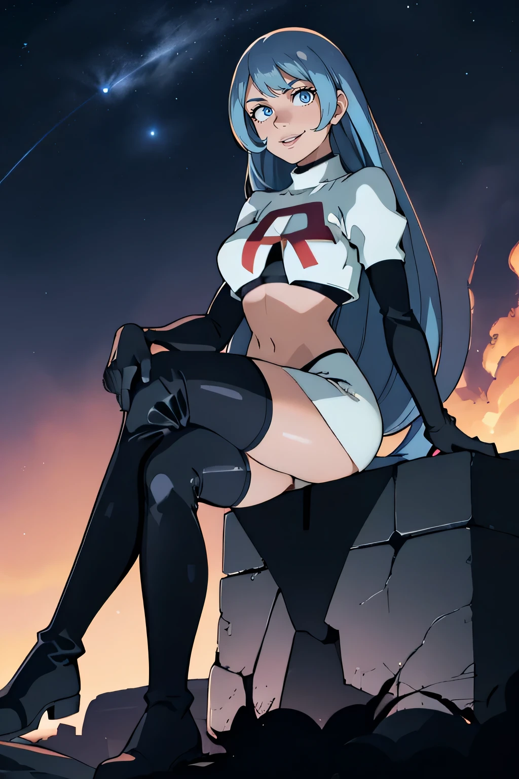 nejire hado, 1girl, solo, long hair, breasts, bangs, blue eyes, medium breasts, very long hair, blue hair,glossy lips ,team rocket uniform, red letter R, white skirt,white crop top,black thigh-high boots, black elbow gloves, evil smile, sitting down ,legs crossed, night sky background