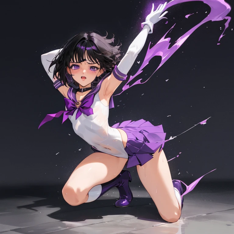 {{{{sailor saturn}}}}, {sailor senshi uniform}, {{{{amazing quality, great quality, high quality, very aesthetic, aesthetic, best quality}}}}, 
realistic, photo, shadow, Three-dimensional, absurdres, Digital art, 
black hair, short hair, trimmed hair, shiny hair, blunt bangs, short sideburns, 
{{flat chest}}, {{small breasts}}, {{detailed body}}, slim thighs, thin thighs, 8  old, 
purple eyes, big eyes, round eyes, tareme, both shoulders expose, covered navel, 
white leotard, purple sailor collar, purple skirt, white elbow gloves, white gloves, purple boots, 
purple choker, jewelry, heart brooch, red bow tie, red butt ribbon, 
beautiful girl, one girl, cute, pretty, lovely, charming, teenage, kawaii, younger sister, 
dynamic composition, distress, resistance, defeat, inferiority, absurdres, aroused, sexual pleasure, troubled face, shy, orgasm, sensitive body, trembling, torn clothes, wet clothes, melted clothes, transparent clothes, A girl is immersed up to her waist in cloudy liquid, A girl is covered in cloudy liquid, girl gets wet, girl takes a bath, wet hair, half-naked, Completely nude, Multiple transparent pink slimes attack the girl, Multiple transparent pink slimes clings to the girl's body,  Multiple transparent pink slimes clings to the girl's chest, Multiple transparent pink slimes caresses a girl's breasts, Multiple transparent pink slimes clings to the girl's crotch, Multiple transparent pink slimes caresses the girl's crotch, Transparent pink slimes covers the girl's breasts, Transparent pink slimes covers the girl's crotch, slime bath, 