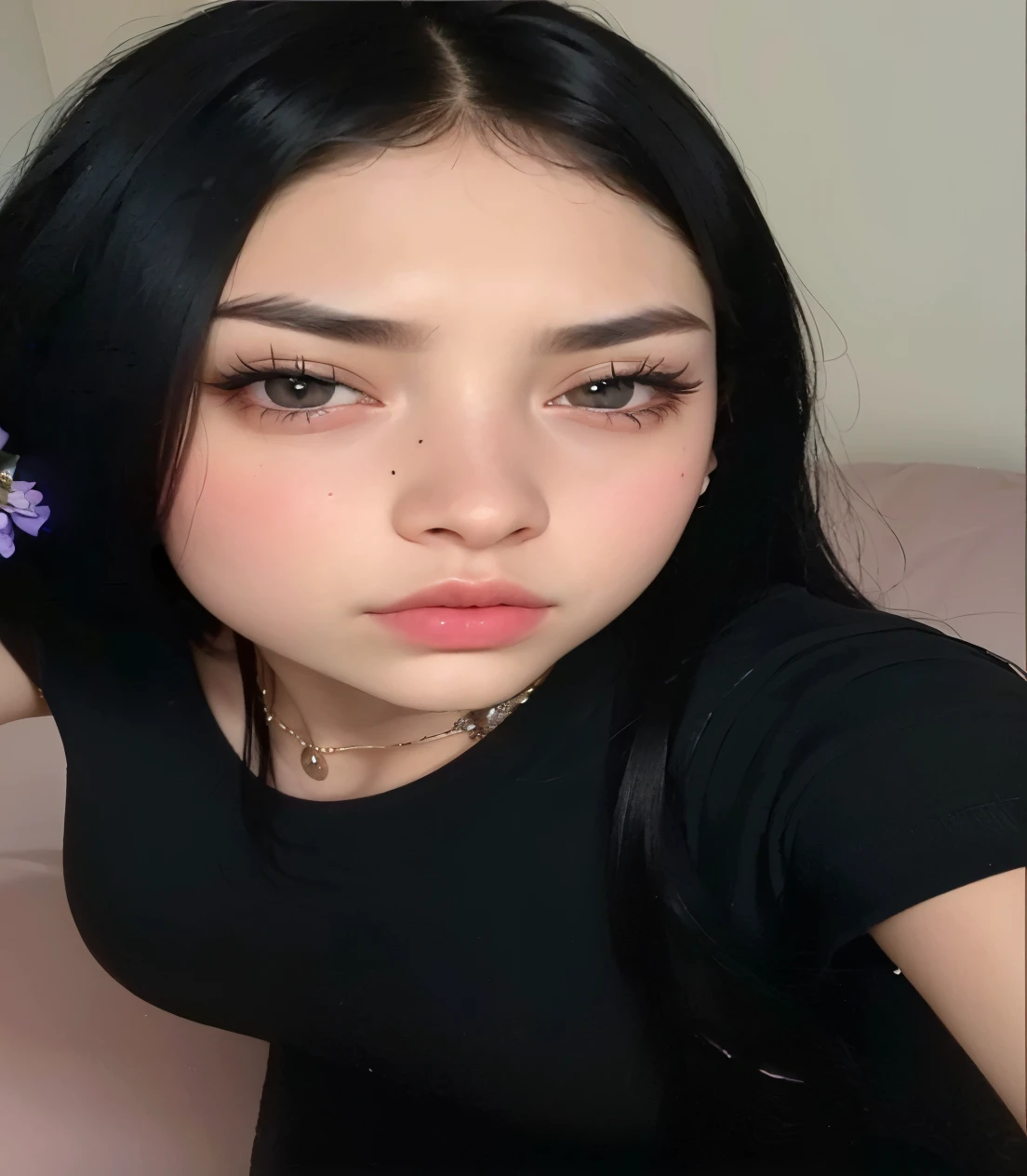 arafed woman with black hair and a black top with a flower in her hair, 18 years old, black hair and large eyes, straight eyebrows, 1 6 , 🤤 girl portrait, pale goth beauty, violet myers, perfect face ), 19-year-old girl, ava max, pale-skinned persian girl, pale skin and dark eyes