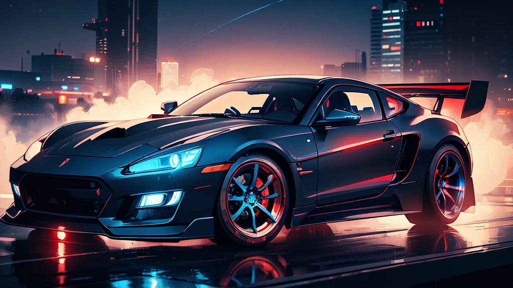 (black sports car, blue headlights, car racing, blue smoke), (blue and red cyberpunk city, blue and red neon, starry sky), (8k, extremaly detailed, lighting like a movie, lense flares)