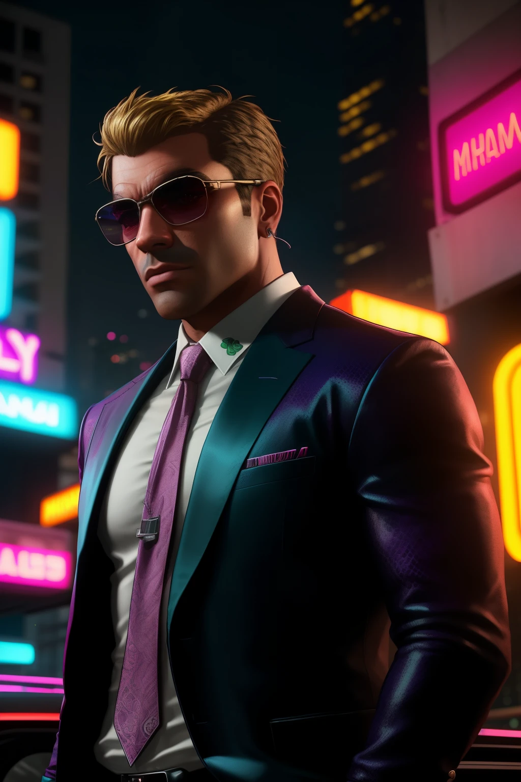 A realistic GTA6 character in 4k resolution, set against the vibrant backdrop of Miami, depicted with a thoughtful and determined expression, wearing a stylish suit, creating an impression of cinematic realism, with intricate details and shadows, reminiscent of a high-quality movie scene, set under the bright lights of neon Miami, S2 model.