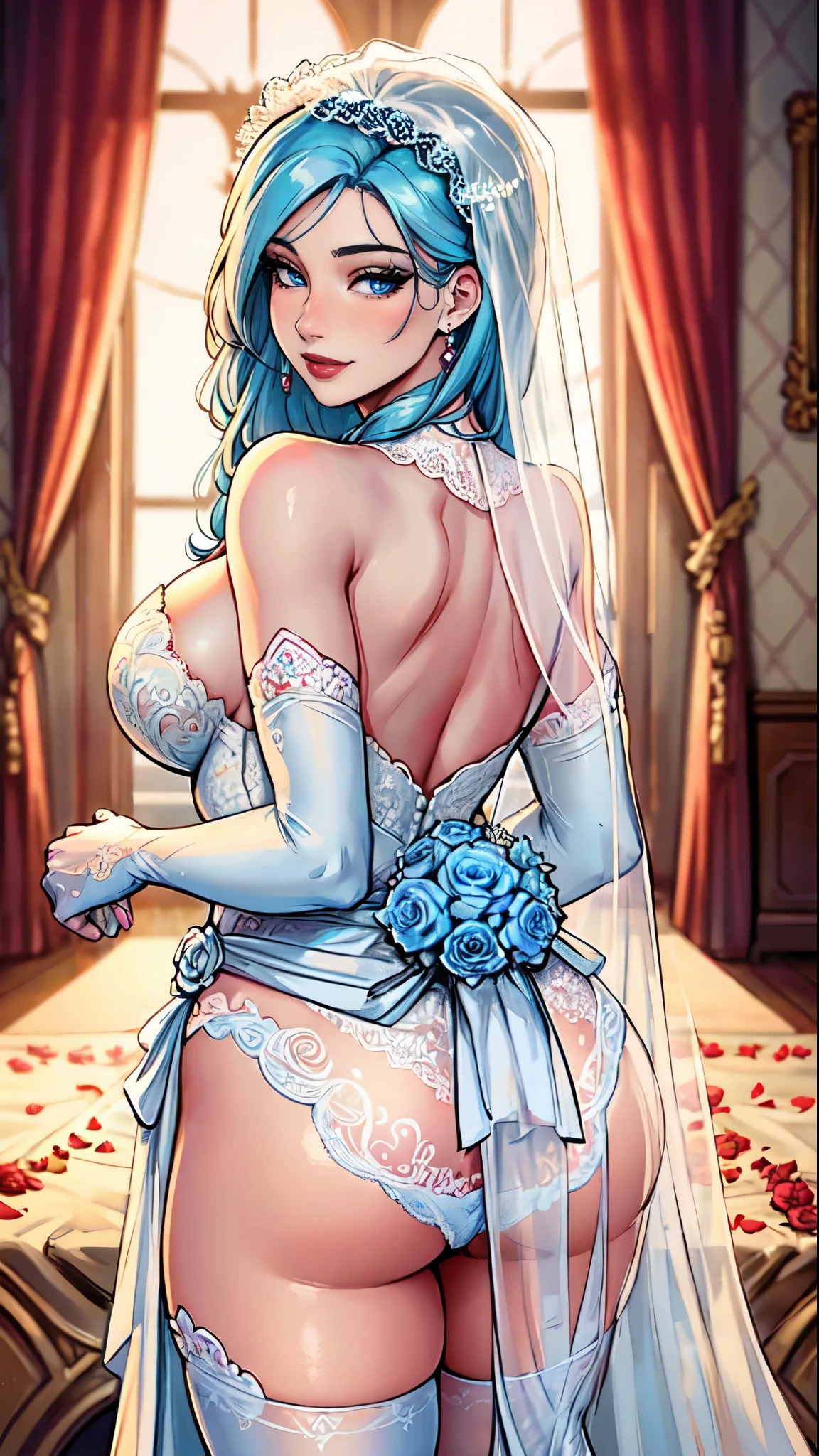 Masterpiece, raw, beautiful art, professional artist, 8k, art style by sciamano240, very detailed face, very detailed hair, 1girl, perfectly drawn body, beautiful face, long light blue hair , very detailed blue eyes , rosey cheeks, intricate details in eyes, sultry smile , lusty expression, lipstick, very close up on face, wearing veil, elegant white wedding dress, white elbow gloves, wedding ring, holding bouquet, white stockings, wedding setting, standing at the altor, posing for wedding pictures with husband, rear view,