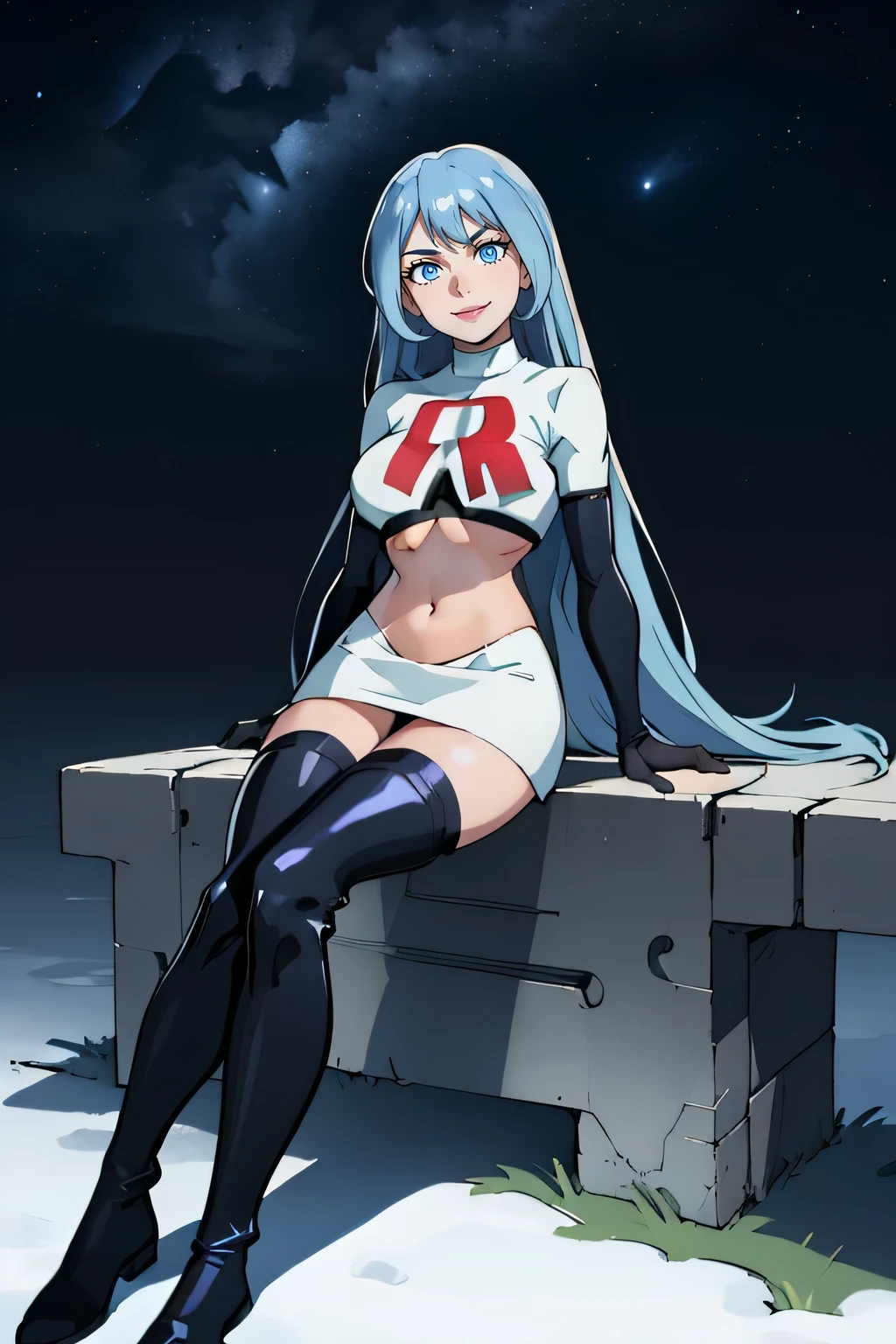 nejire hado, 1girl, solo, long hair, breasts, bangs, blue eyes, medium breasts, very long hair, blue hair,glossy lips ,team rocket uniform, red letter R, white skirt,white crop top,black thigh-high boots, black elbow gloves, evil smile, sitting down ,legs crossed, night sky background