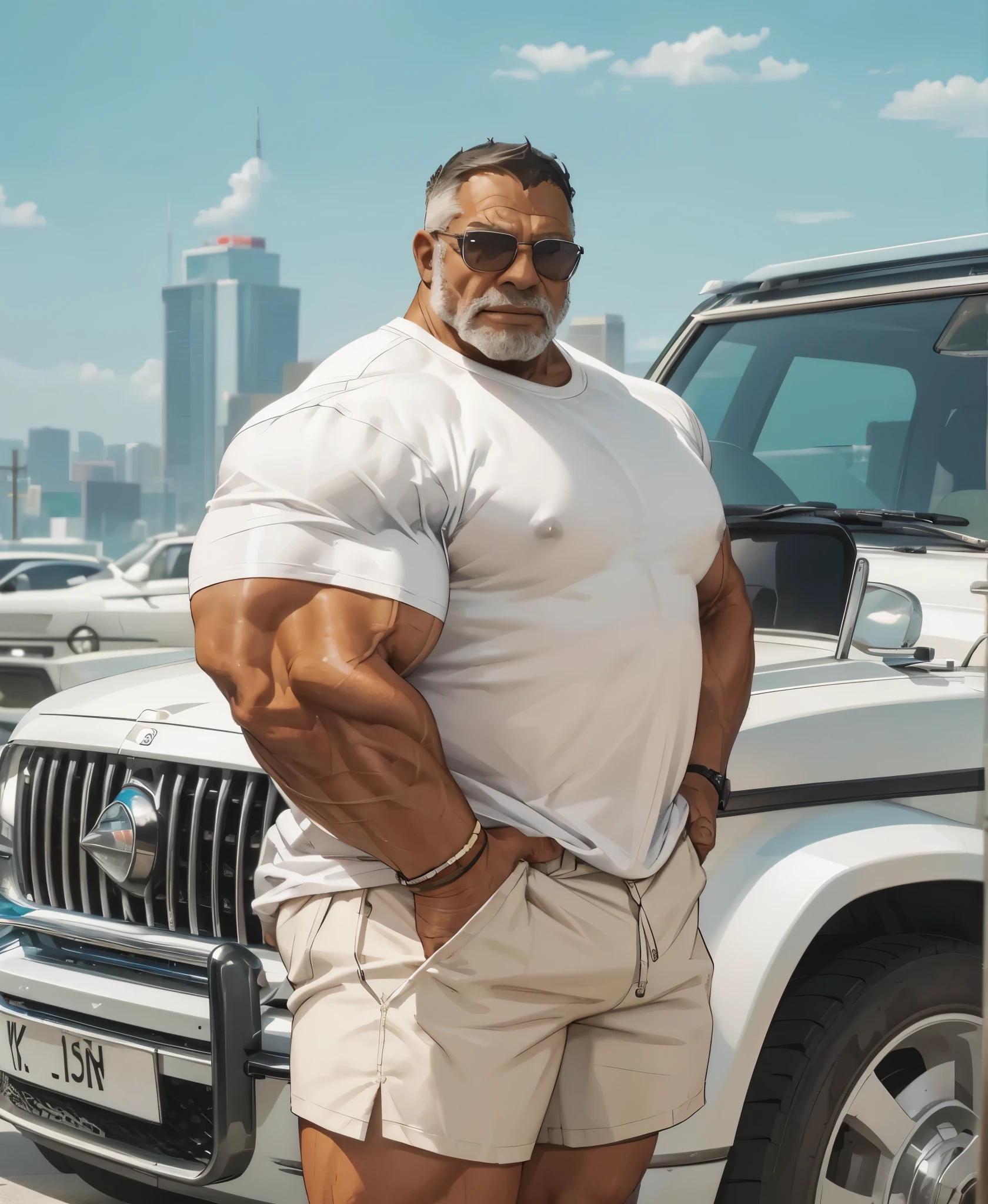 Solo, huge muscular old man wearing white t-shirt ang short pants, bearded, standing front of car