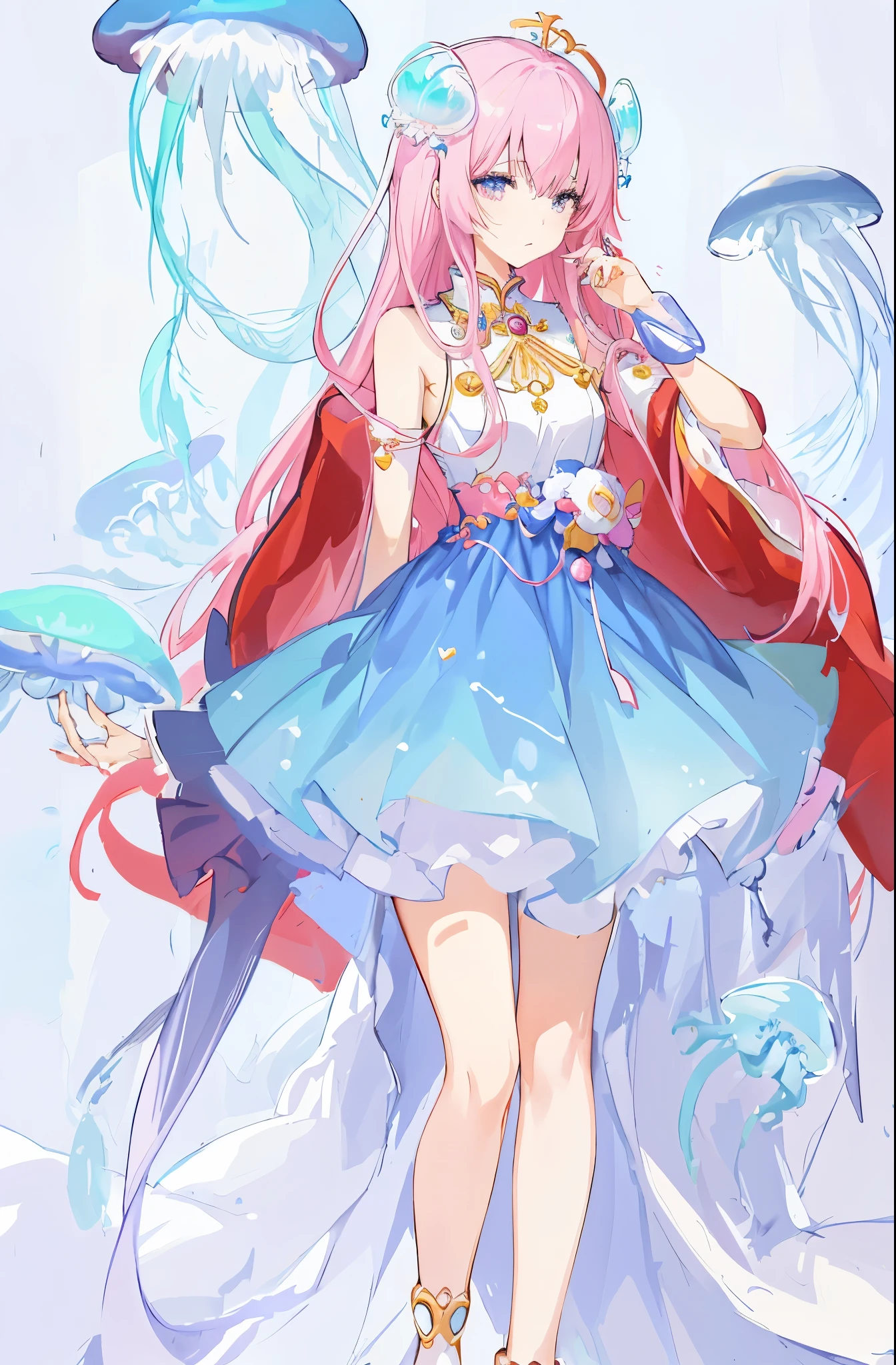 wearing blue dress、Anime girl with jelly and crown, Jellyfish Miko, jellyfish priestess, Cute anime waifu wearing beautiful clothes, anime princess, Beautiful anime art style, my dress up darling anime, jellyfish pheonix, Beautiful anime style, Jellyfish Miko 8k, magic dress, Beautiful anime art, Beautiful fantasy anime, jellyfish pheonix