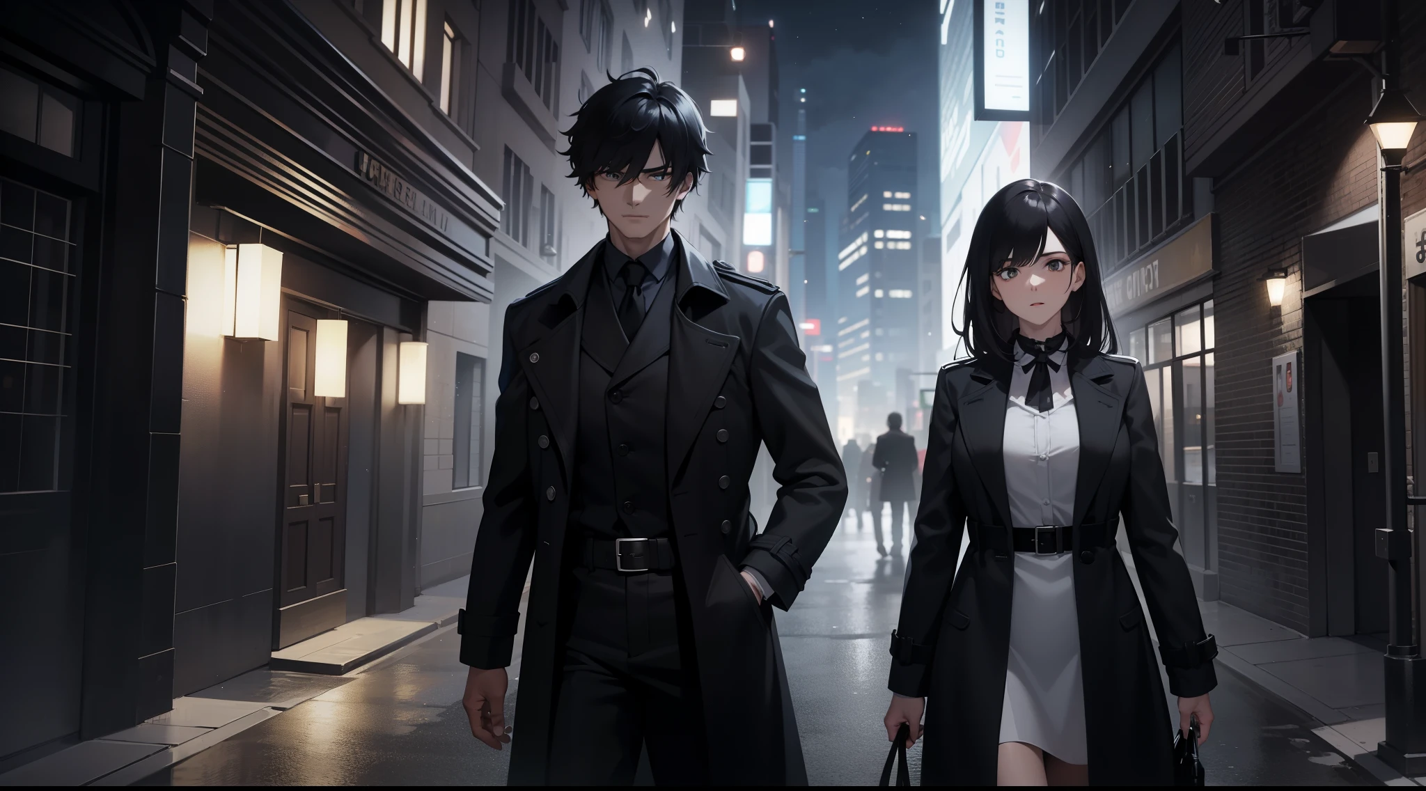 A male and a female in a trench coat face away from the picture,Walk through city,Under the stars,In the dark, black hair. high detail, masterpiece, dramatic lighting(absurdres, highres, ultra detailed), extremely detailed CG unity 8k.