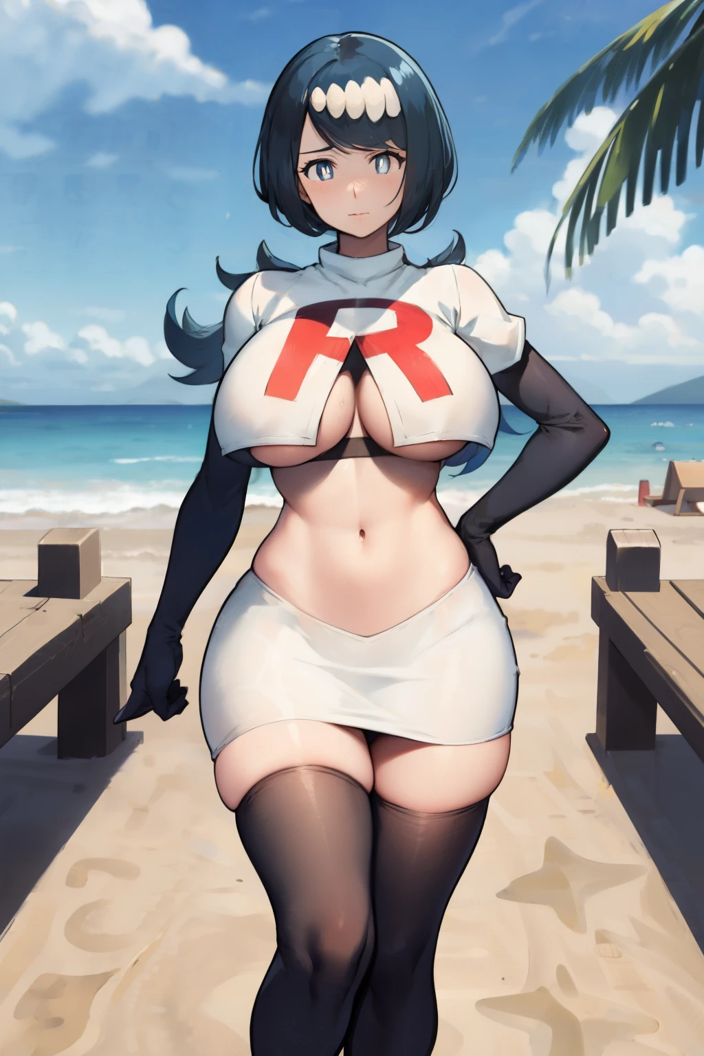 masterpiece, best quality, lanamother, white pupils, long hair, hair ornament, team rocket,team rocket uniform, red letter R, white skirt,white crop top,black thigh-highs,black elbow gloves, large breasts, mature female, wide hips,  looking at viewer, beach, palm trees, boardwalk,