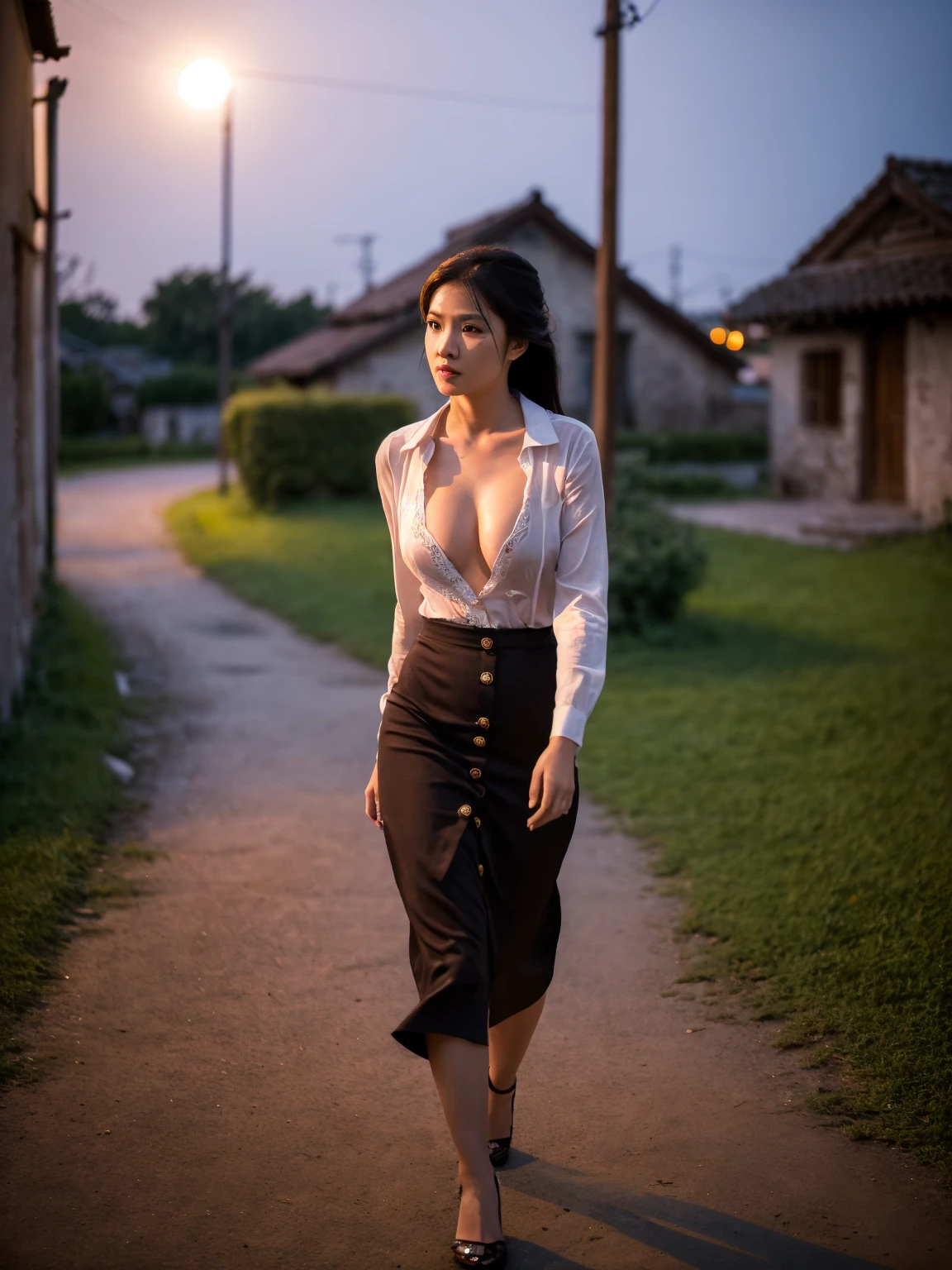 masterpiece, best quality, a beautiful village girl, walking alone in the middle of a deserted village, kebaya with open buttons, very ????????????, batik skirt, scared expression, walking in the middle of the night, bokeh background, very dramatic, hyperrealistic, photo realistic, HD, 4K, Cinematic, very detail, 