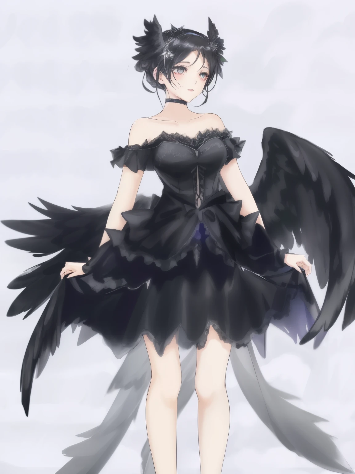 Anime-style image,woman wearing black dress, dark feathered wings, bladed wings lace wear, Anime girl wearing black dress, black wings instead of arms, Villain has black angel wings, Astral Witch Clothes, fantasy costumes, has black wings, dark star dress, Wings Black Lace Outfit, crow angel wings, Wearing a feather dress