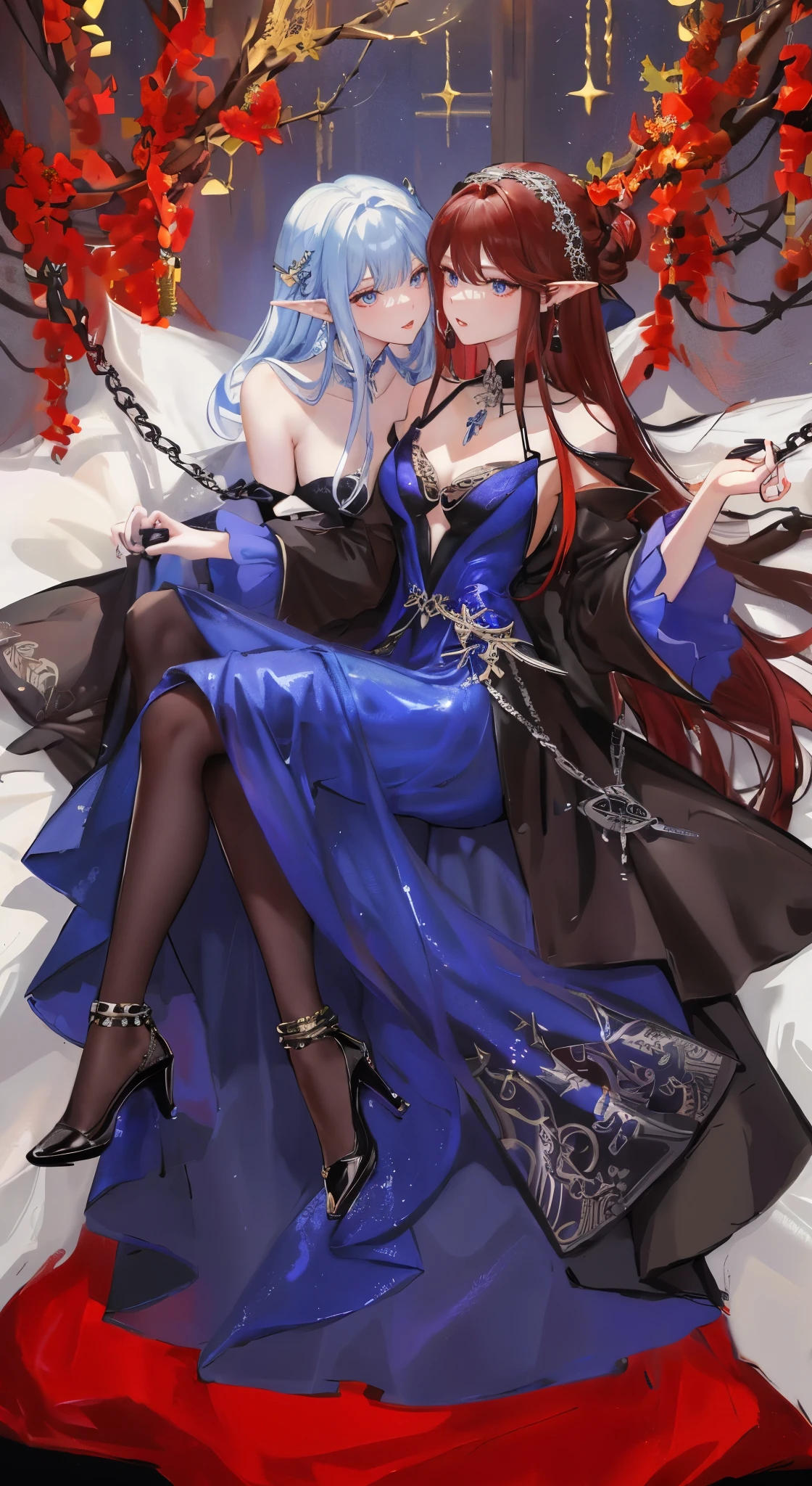 black红色短发,close up,dream world,Elf royal sister,Long dark red hair,Nice blue eyes,Prom Hall,grace,earrings,(荆棘earrings,Thorn Head Chain),necklace,humanoid, Prom background,Baroque, her skin is white, fair complexion,(red evening dress,black色的火焰与荆棘,Thorn Dress),black色玫瑰,black,black,High heel,