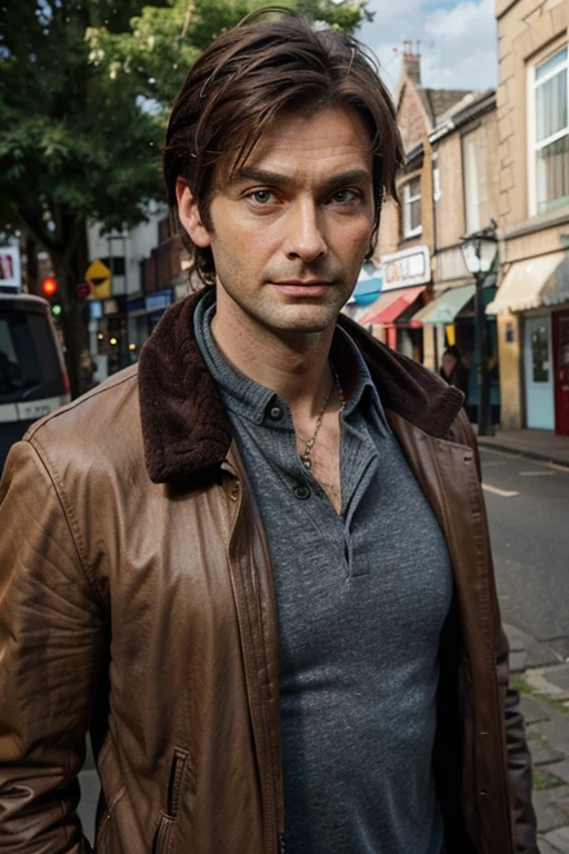 Now generate a man named Jack. He is half Australian and half Jewish. He is in his late forties as well. He has brunette hair and dark brown almond eyes. He fits the beauty standard of men in the UK. And he is usually in casual outfits He is also very pale and has freckles because he lives north of the UK. Make his hair disheveled, similar to David Tennant from Doctor Who.