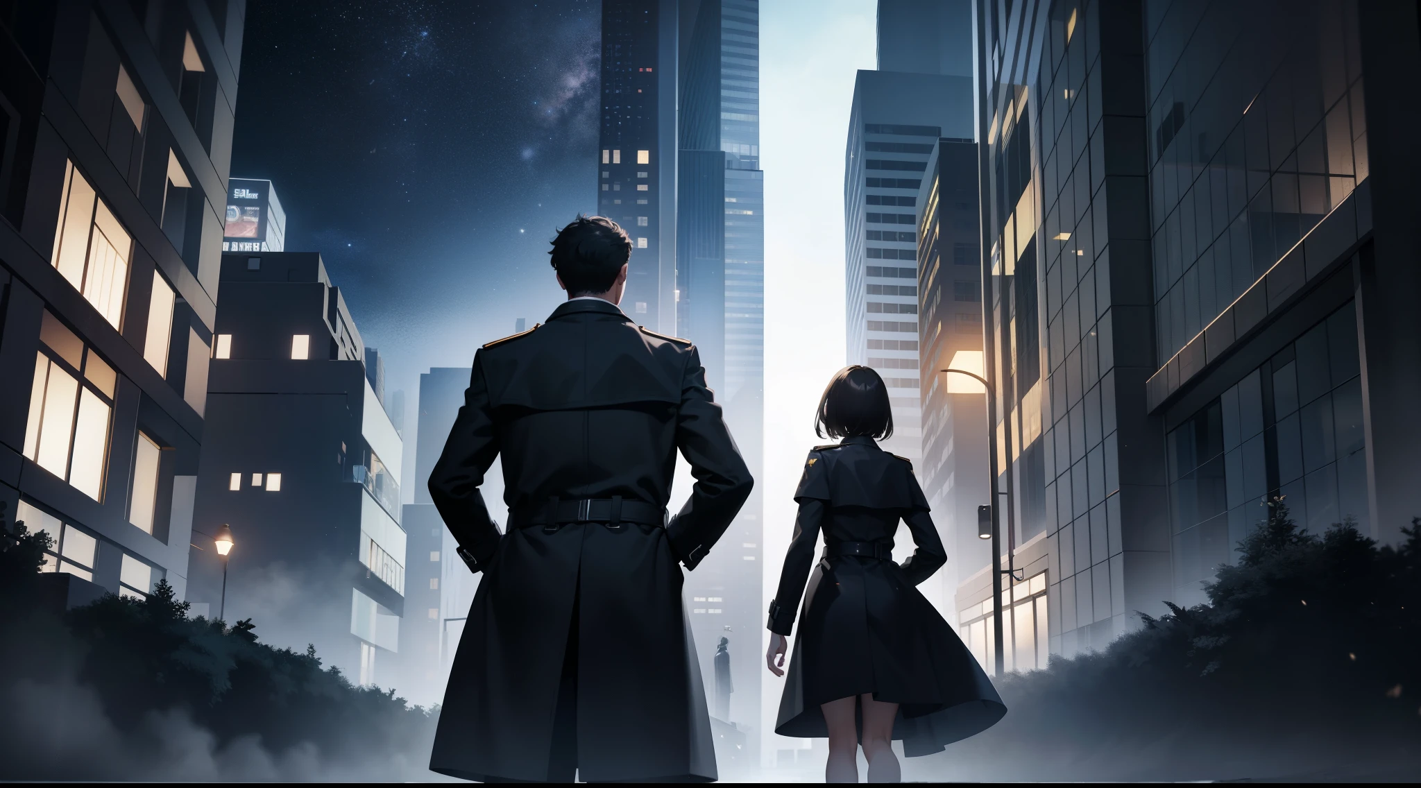 A male and a female in a trench coat face away from the picture，Walk through city，Under the stars，In the dark, black hair. high detail, masterpiece, dramatic lighting(absurdres, highres, ultra detailed), extremely detailed CG unity 8k.