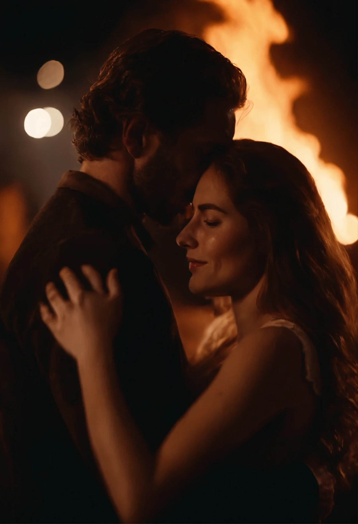 A man on fire hugs a girl