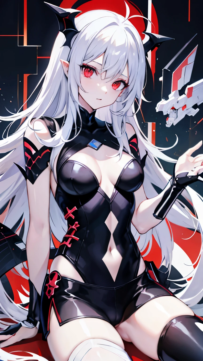pale skin,dark风,long white hair,black eye shadow,red eyes,Abstinence,dark,antenna,succubus,Open the legs,Battle damage,Broken clothes,Transparent underwear,camel toe,sitting,hot pants,Mecha,front view